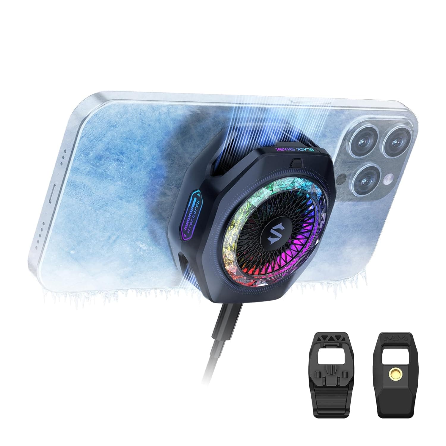 Black Shark Magnetic Phone Cooler 5 Pro - 18 LED RGB direccionables, agarre desmontable, ventilador de refrigeración termostático controlado por aplicación para iPhone MagSafe/Android/iPad -Juegos/Streaming/Fotografía