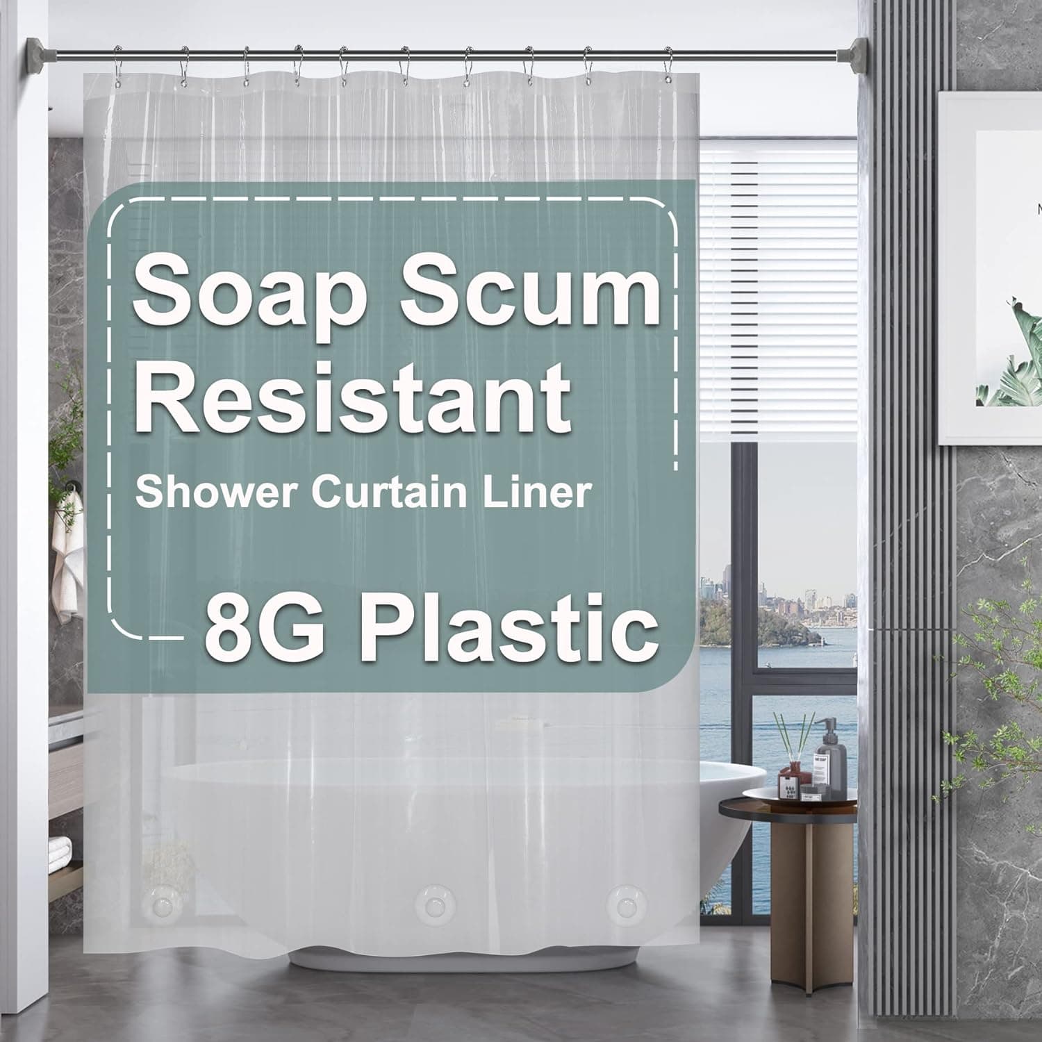 AmazerBath Cortina de ducha de plástico, 60 x 72 pulgadas, cortina de ducha transparente resistente PEVA, resistente al agua, gruesa, cortina de baño con 3 grandes piedras transparentes ponderadas y 10 ojales inoxidables