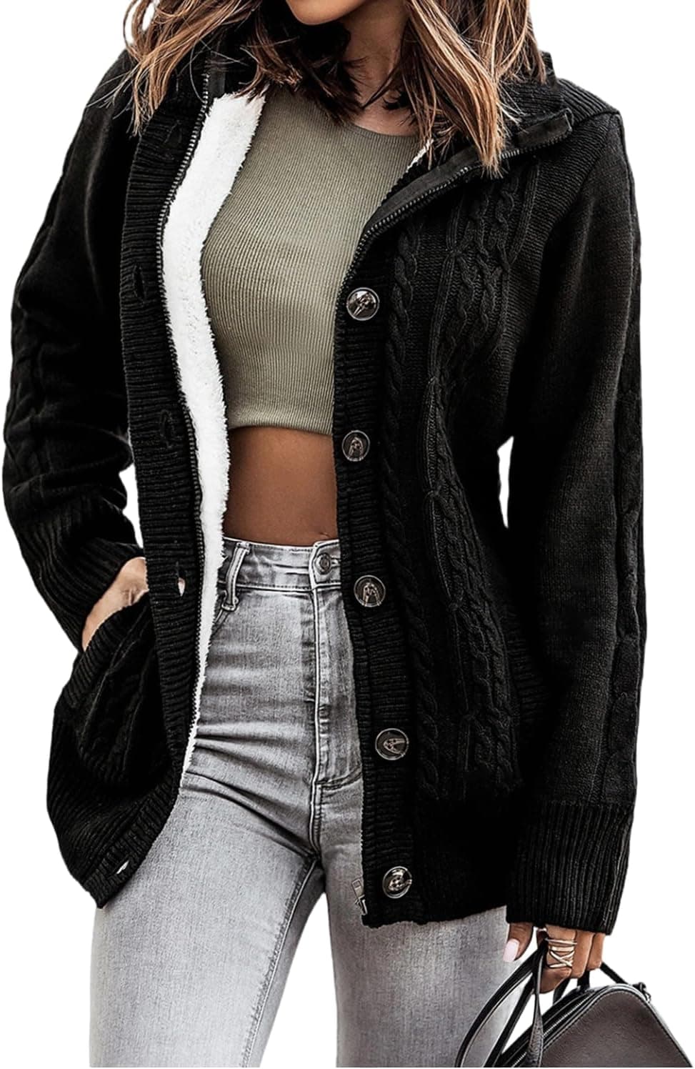 Sidefeel Cárdigan para mujer Cárdigans con forro polar y capucha | Bolsillos de parche, frente con botones, cremallera, traje de invierno con capucha, mantiene el calor, día frío