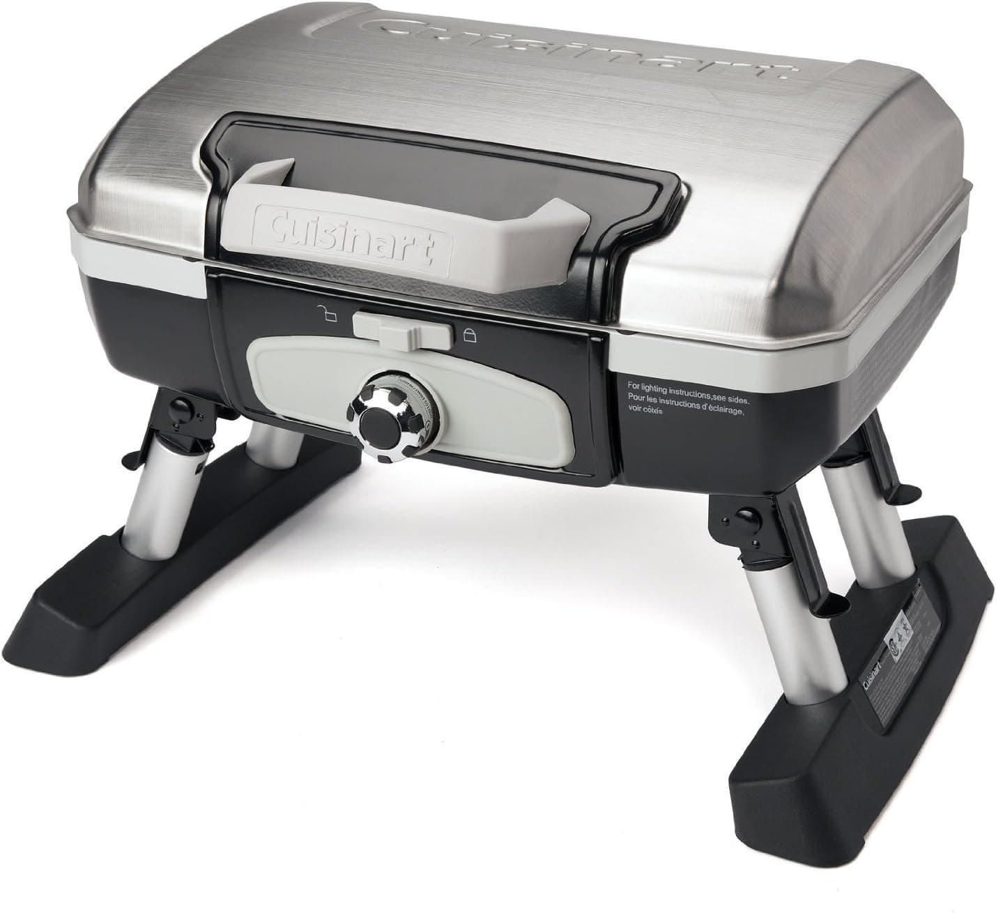 Parrilla de gas portátil Cuisinart Petite Gourmet, parrilla portátil compacta de propano, 150 pies cuadrados. En. Superficie de cocción, parrillas de gas pequeñas con quemador de 5,500 BTU para acampar, barbacoa, patas plegables y asas de transporte, inoxidable
