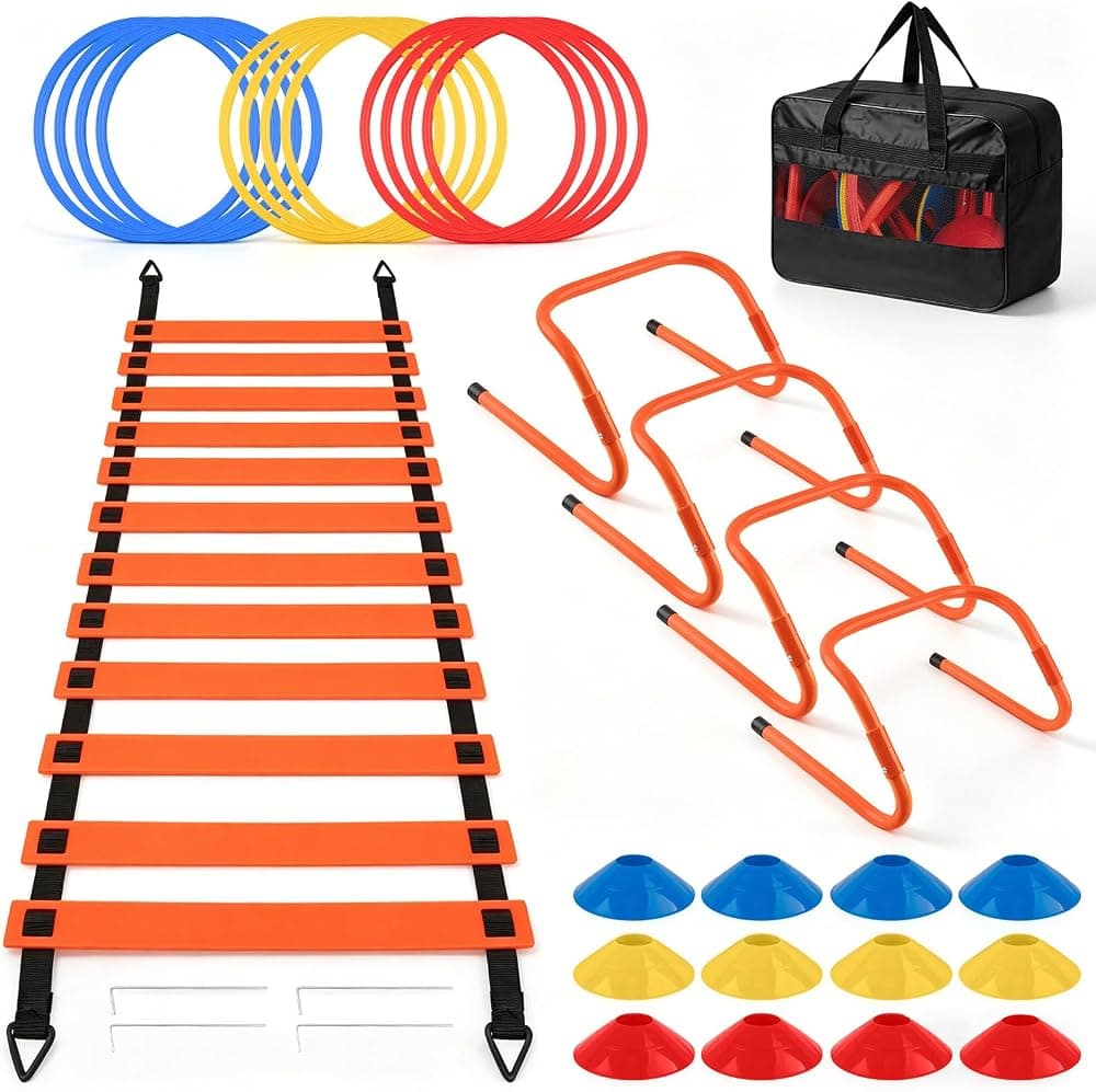 Equipo de entrenamiento de agilidad para entrenamiento de fútbol, ​​baloncesto, fútbol y béisbol | Escalera de agilidad de 20 pies, 12 conos de fútbol, ​​4 vallas ajustables, 12 anillos de juego de pies, juego de entrenamiento de velocidad para entrenamientos en el patio trasero