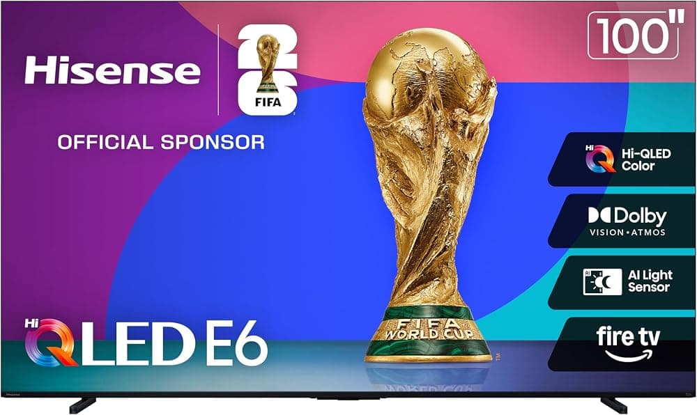 Hisense Smart Fire TV QLED 4K UHD de 100" Clase E6 (100E6QF, modelo 2025) - QLED, 144 Hz nativo, Dolby Vision IQ · Atmos, Motion Rate 240, HDR 10+, Game Mode Pro, control remoto por voz con Alexa