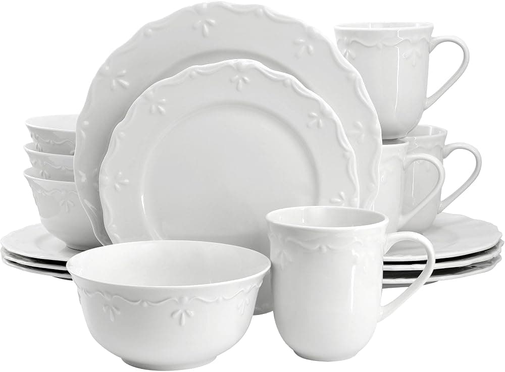 Elama Henryi Juego de vajilla de porcelana blanca con detalle de borde en relieve de 16 piezas, juego de vajilla, vajilla (16 piezas)