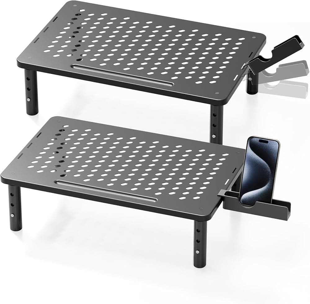 Soporte elevador para monitor de computadora, 3 alturas ajustables para PC, portátil, TV, monitor de escritorio, mesa de impresora de metal con soporte para teléfono, soporte elevador para escritorio, organizadores y accesorios de escritorio de oficina, paquete de 2