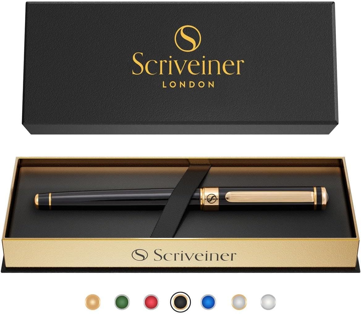 Scriveiner Bolígrafo Roller Lacado Negro - Impresionante Bolígrafo de Lujo, Chapado en Oro Real, Recambio de Tinta Schmidt, El Mejor Set de Regalo para Hombres y Mujeres, Profesional, Oficina Ejecutiva, Bonitos Bolígrafos