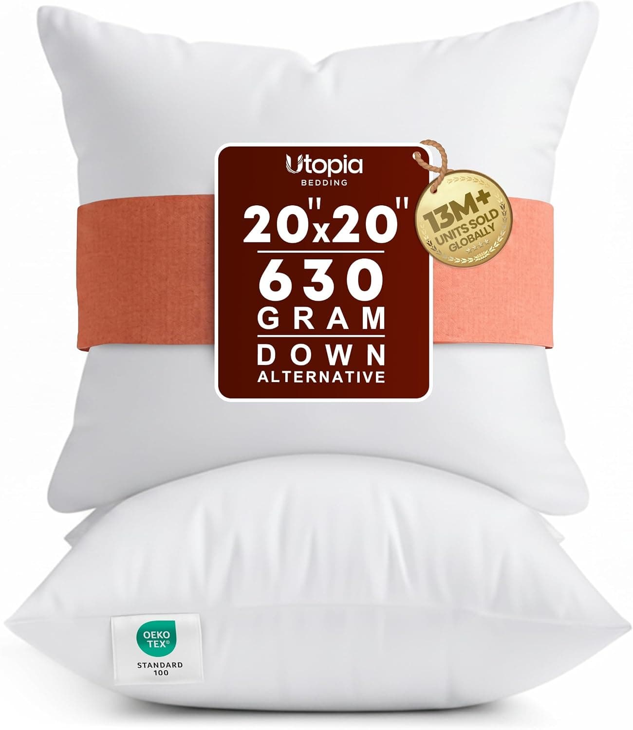 Utopia Bedding Insertos de almohada de 20 x 20, almohadas blancas para sofá, paquete de 2 | Relleno 100% virgen, inserciones de cojines interiores para cama, sofá y sofá, almohadas decorativas mullidas, de apoyo y con relleno extra
