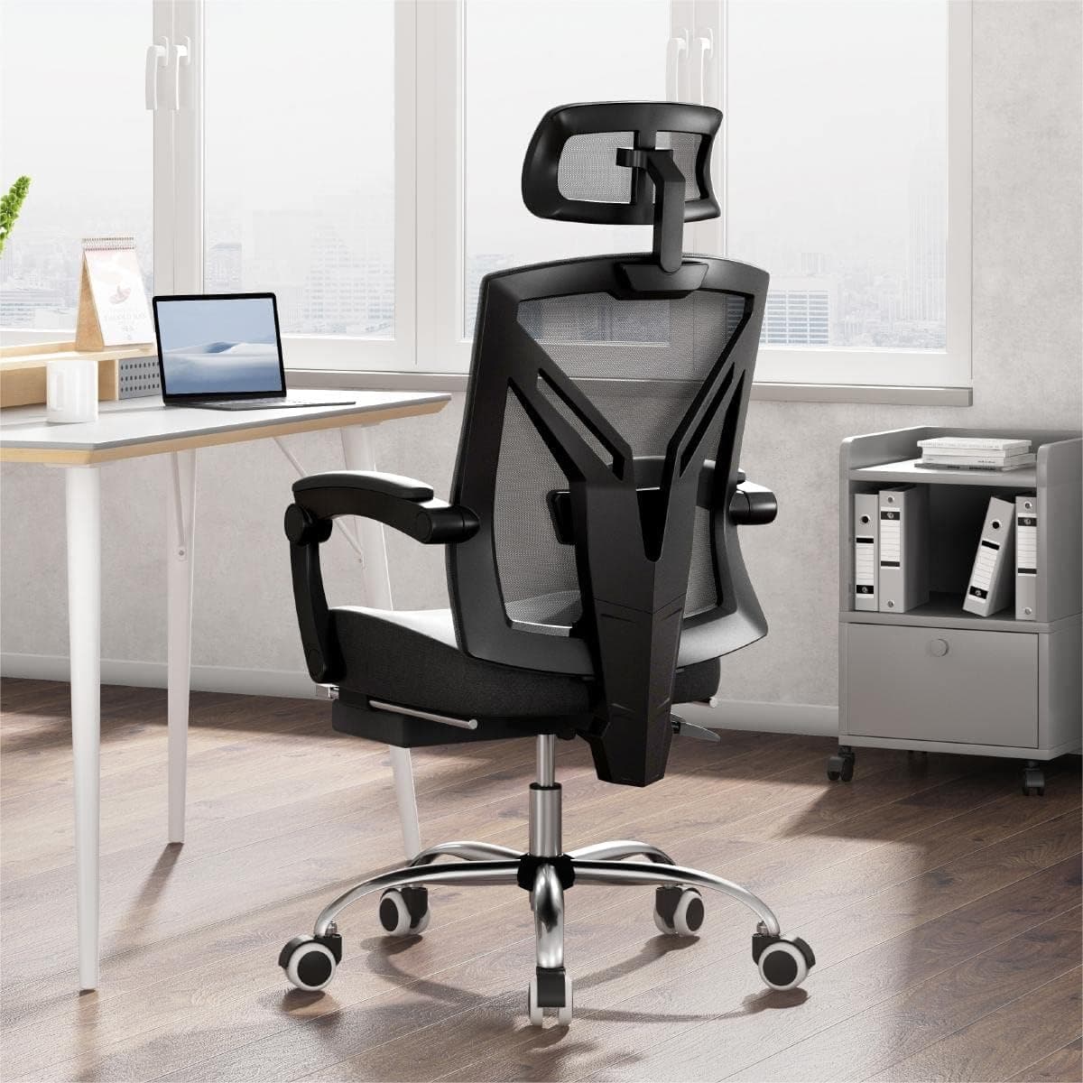 Hbada Ergonomic Office Chair High Back Desk Chair Recliner Chair with Lumbar Support Height Adjustable Seat, Headrest- Breathable Mesh Back Soft Foam Seat Cushion with Footrest, Black