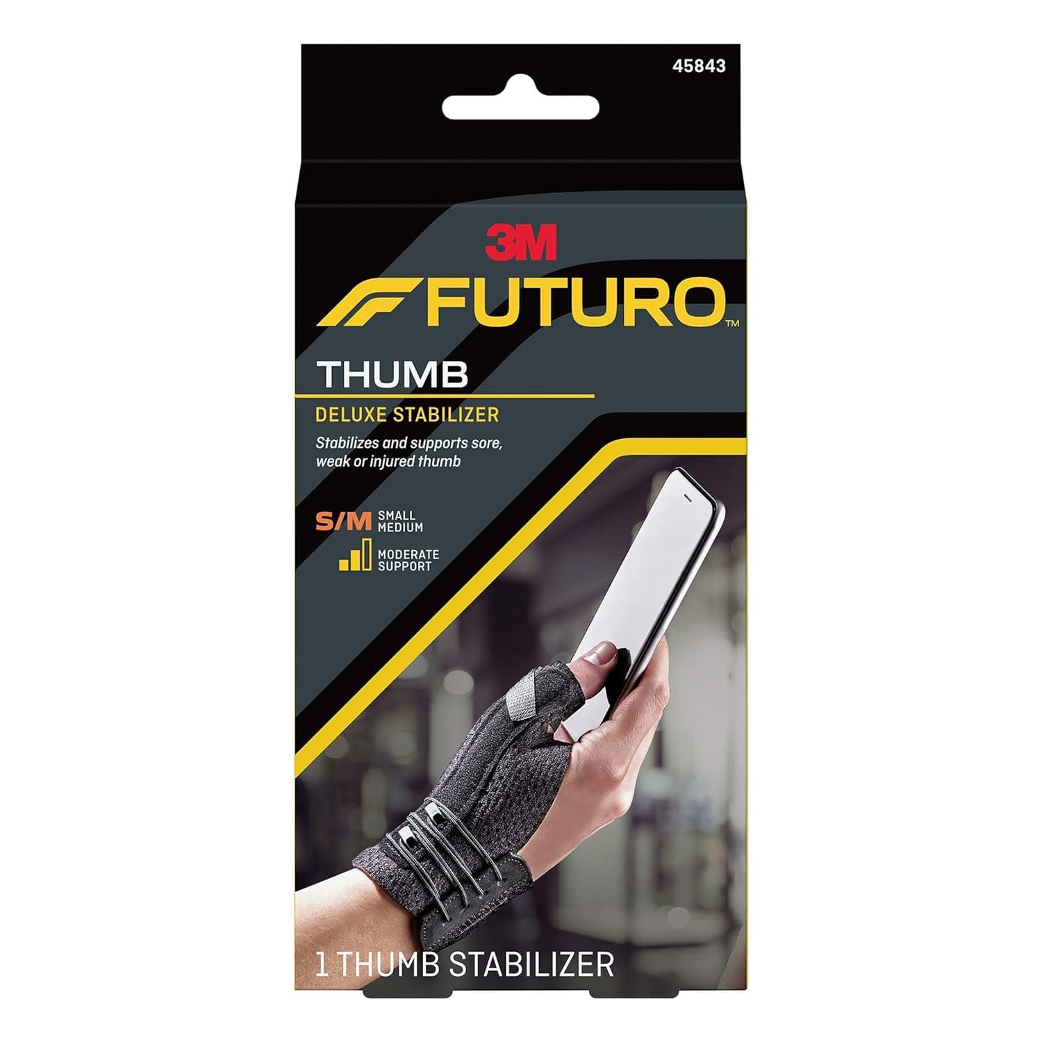 Futuro Deluxe Estabilizador de pulgar, mano izquierda o derecha, tamaño pequeño/mediano, ajustable, estabiliza y soporta el pulgar dolorido, débil o lesionado, materiales suaves y transpirables mejoran la comodidad, 1 pieza