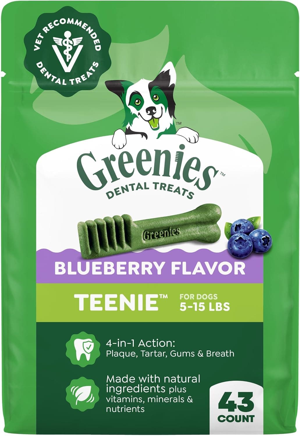 Greenies Teenie Natural Dental Dog Treats, sabor a arándano, 43 unidades | Recomendado por veterinarios, para perros de 5 a 15 libras, promueve la salud bucal y el aliento fresco, clínicamente probado, sin rellenos, paquete de 12 oz