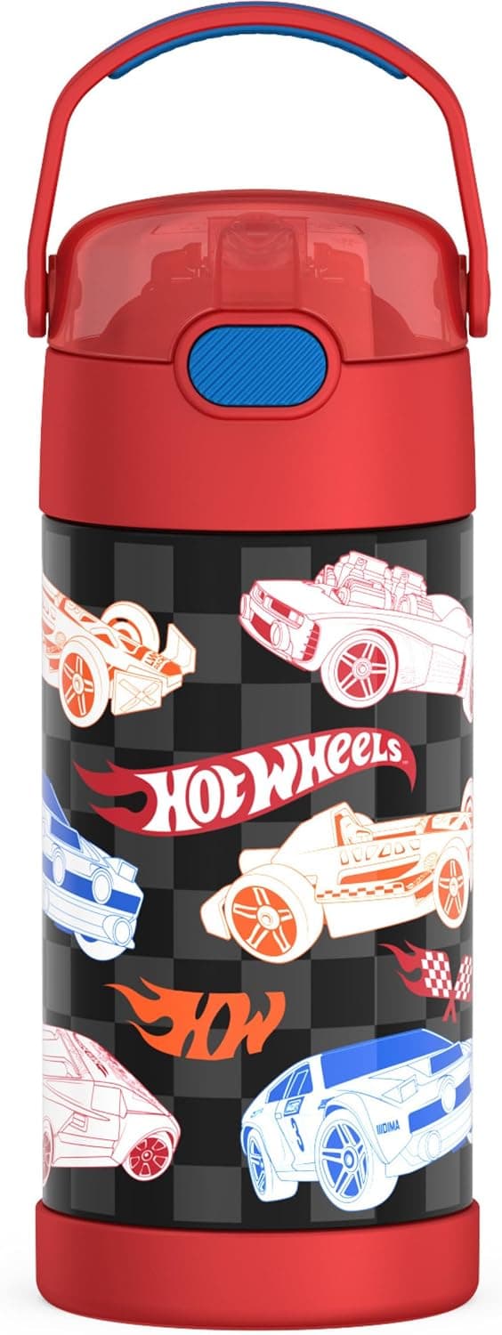 THERMOS FUNTAINER Botella de agua con pajita, 12 oz, Hot Wheels | Botella de agua aislada de acero inoxidable para niños, mantiene las bebidas frías por más tiempo para la escuela y el juego, sin BPA