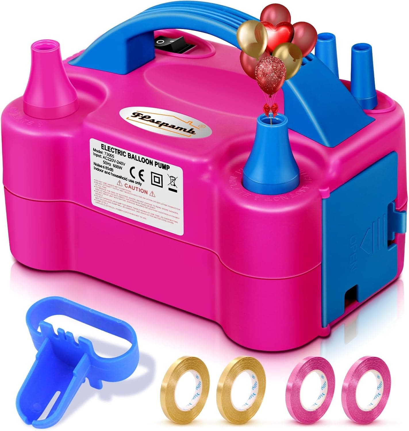 FLSEPAMB Bomba de globo, bomba de globo eléctrica, bomba de aire eléctrica portátil de doble boquilla 110 V 600 W, inflador de globo eléctrico con herramienta de atado, cintas de colores para decoración de fiestas