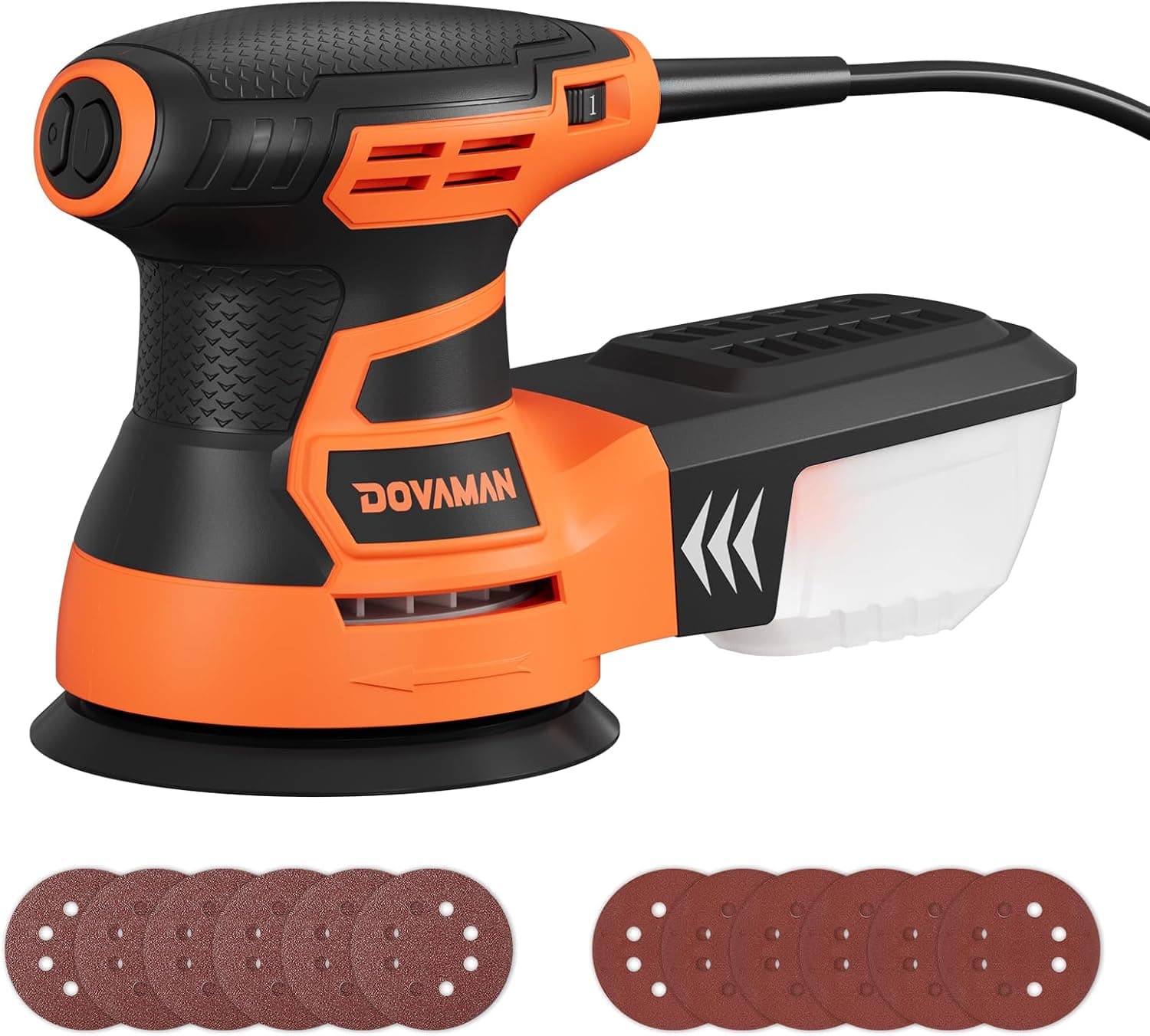 Lijadora orbital DOVAMAN, hasta 13000 rpm, lijadora orbital aleatoria 3A, | 6 velocidades variables, 12 papeles de lija, almohadilla de lijado de 5 pulgadas, recolección de polvo, herramienta eléctrica perfecta para carpintería - ROS01A
