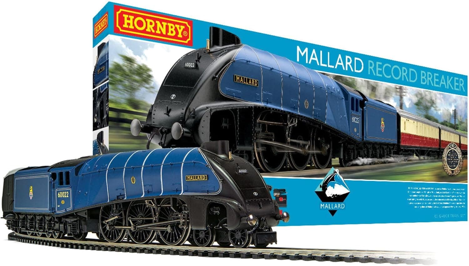 Juego de tren eléctrico Hornby - R1282T Mallard Record Breaker LNER - Calibre OO | Juegos de iniciación a trenes, trenes antiguos para adultos, modelo pequeño de pasatiempo para adultos, con vías, MidiMat, vía de conexión, controlador