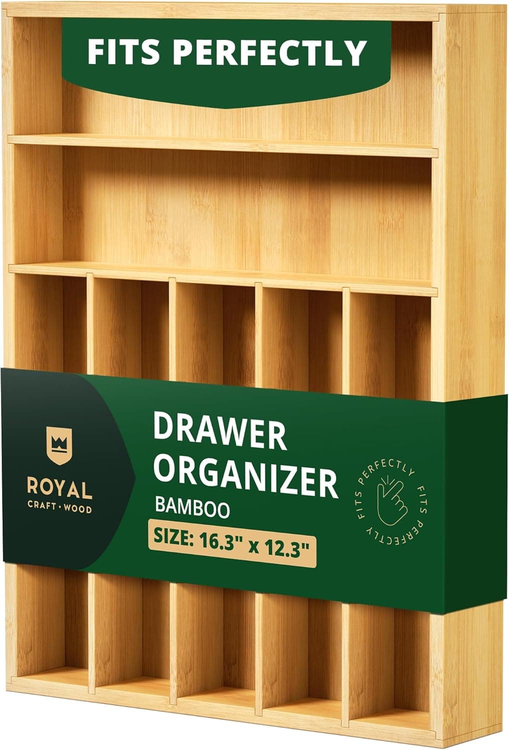 ROYAL CRAFT WOOD Estante para utensilios y cubiertos de bambú de lujo, organizador de cajones de cocina, soporte para utensilios y bandeja para cubiertos con divisores de cajones ranurados para cubiertos, 7 ranuras, natural