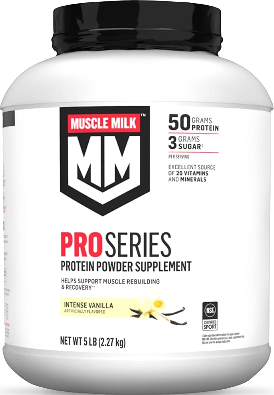 Suplemento de proteína en polvo Muscle Milk Pro Series, vainilla intensa, 5 libras, 28 porciones, 50 g de proteína, 3 g de azúcar, 20 vitaminas y minerales, certificado NSF para deportes, recuperación del entrenamiento, el embalaje puede variar