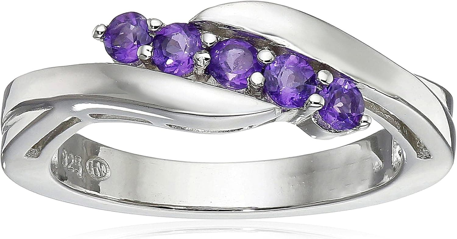 Amazon Essentials Sterling Silver Genuine African Amethyst Five Stone Bypass Ring, Size 7, (previously Amazon Collection)