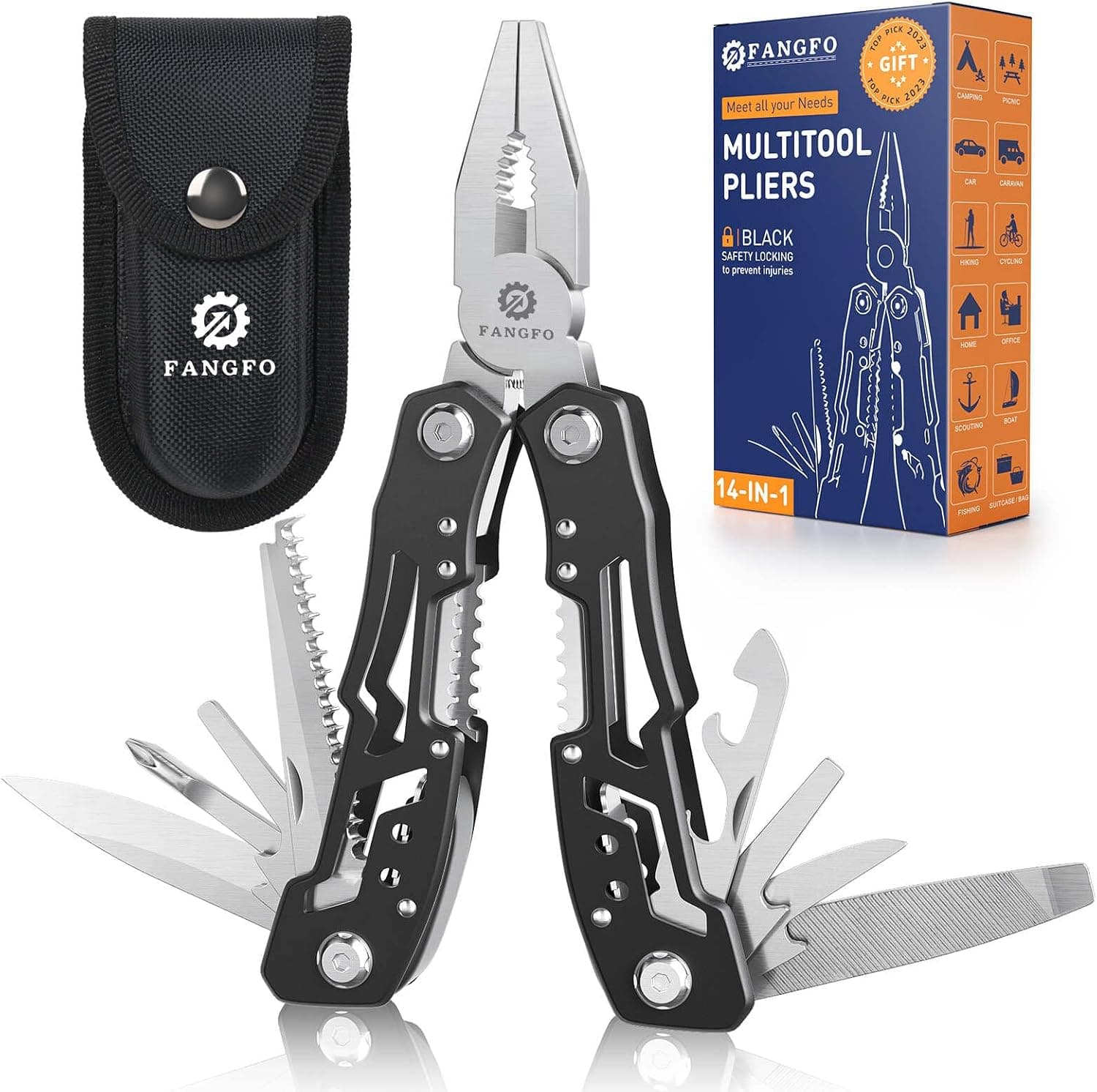 Multiherramienta 14 en 1 con bloqueo de seguridad, alicates multiherramienta profesionales de acero inoxidable, navaja, abridor de botellas, destornillador con funda de nailon, se aplica a supervivencia, camping, caza y senderismo, 2 piezas
