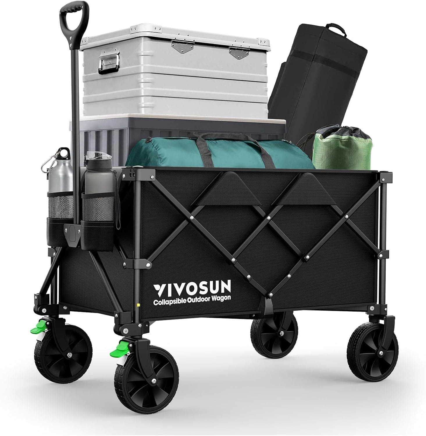 VIVOSUN Carro plegable plegable, carrito utilitario para exteriores con capacidad de carga de 350 lb con ruedas universales silenciosas, portavasos y bolsillos laterales, mango ajustable, para camping, jardín, deportes, picnic, compras