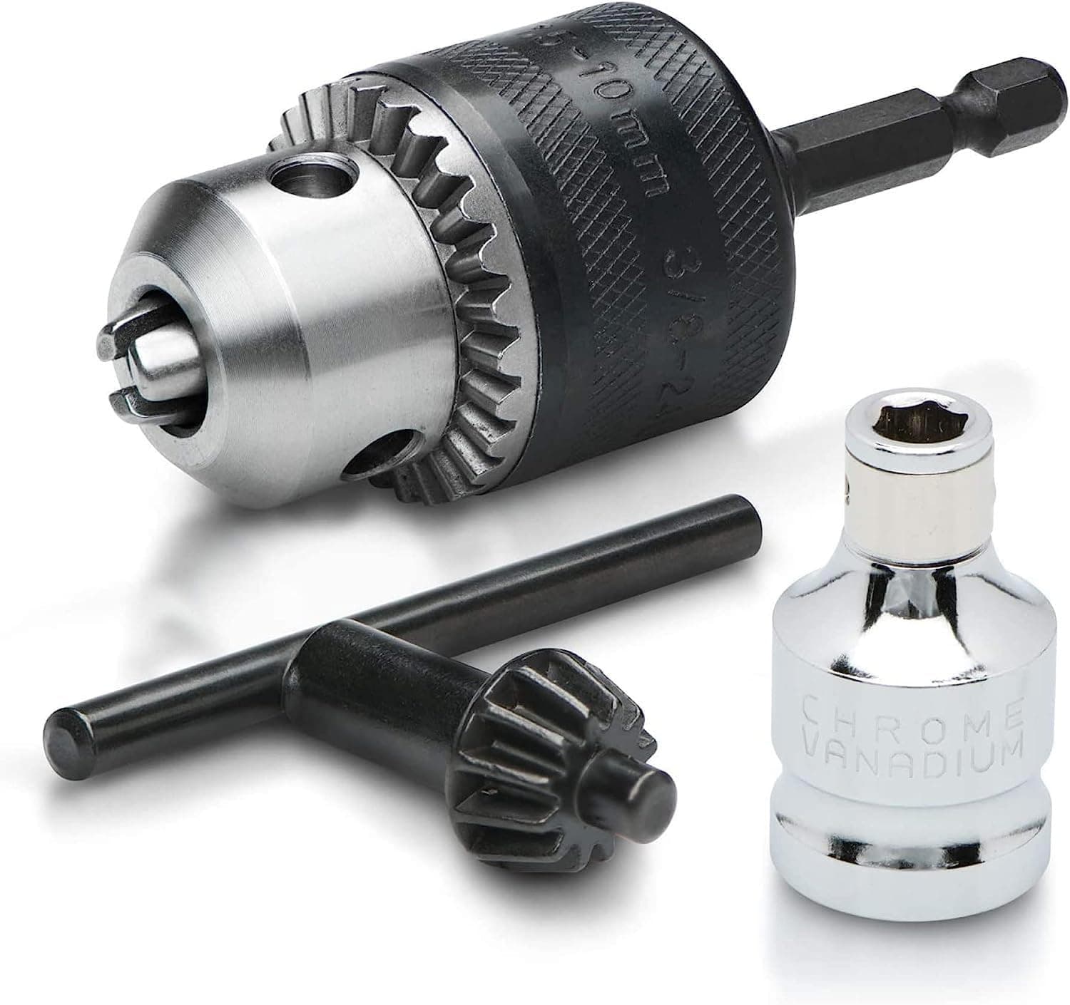 NEIKO 20754A Adaptador de portabrocas de 3/8" | Taladro de portabrocas para destornilladores de impacto con vástago de cambio rápido de 1/4" | El convertidor de taladro incluye adaptador de 1/2" para pistolas de impacto | Adaptador de broca hexagonal a portabrocas