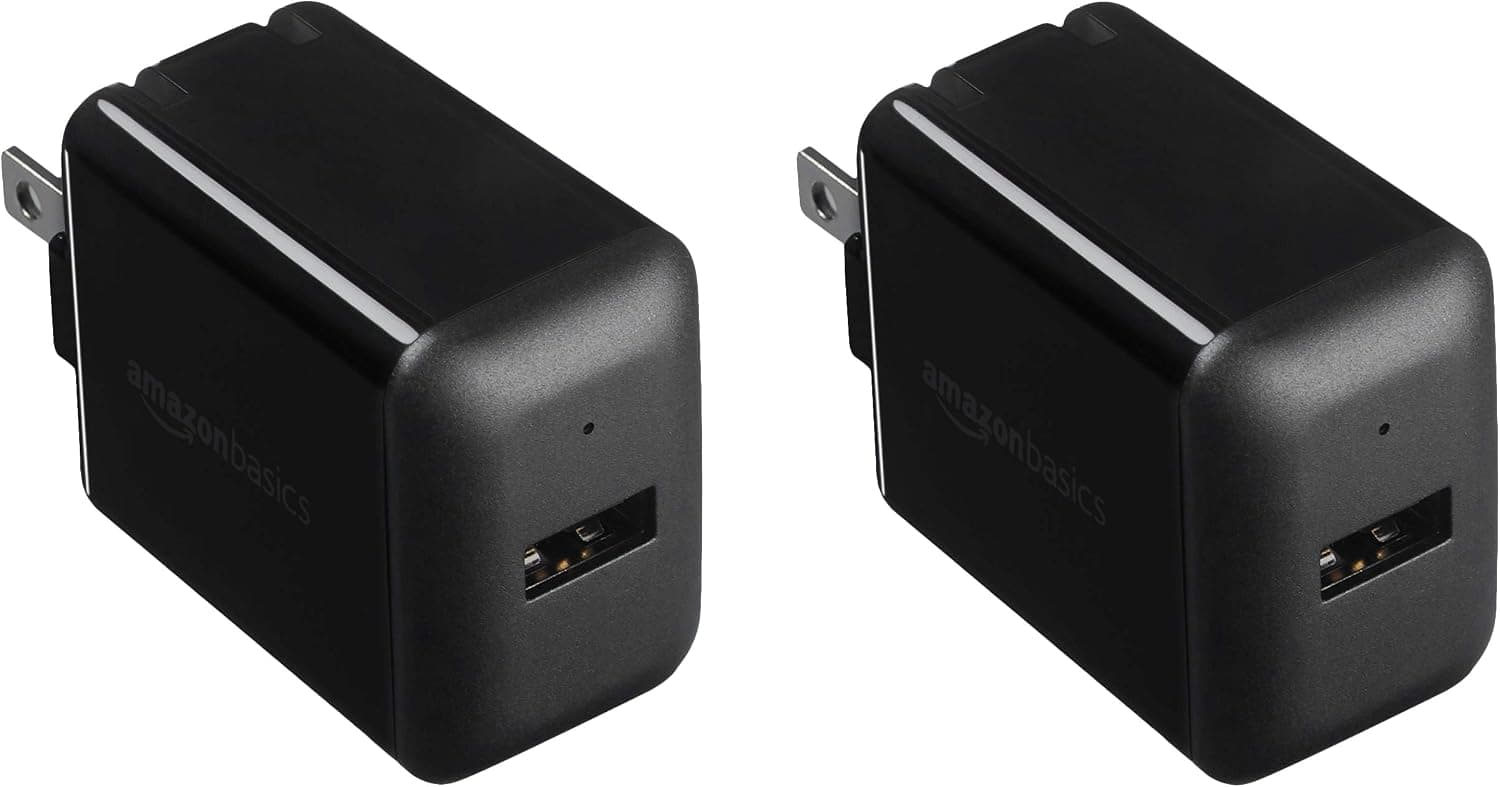 Amazon Basics Cargador de pared portátil USB-A de un puerto de 12 W (2,4 A) para teléfonos (iPhone 16/15/14/13/12/11/X, Samsung y más), paquete de 2, negro