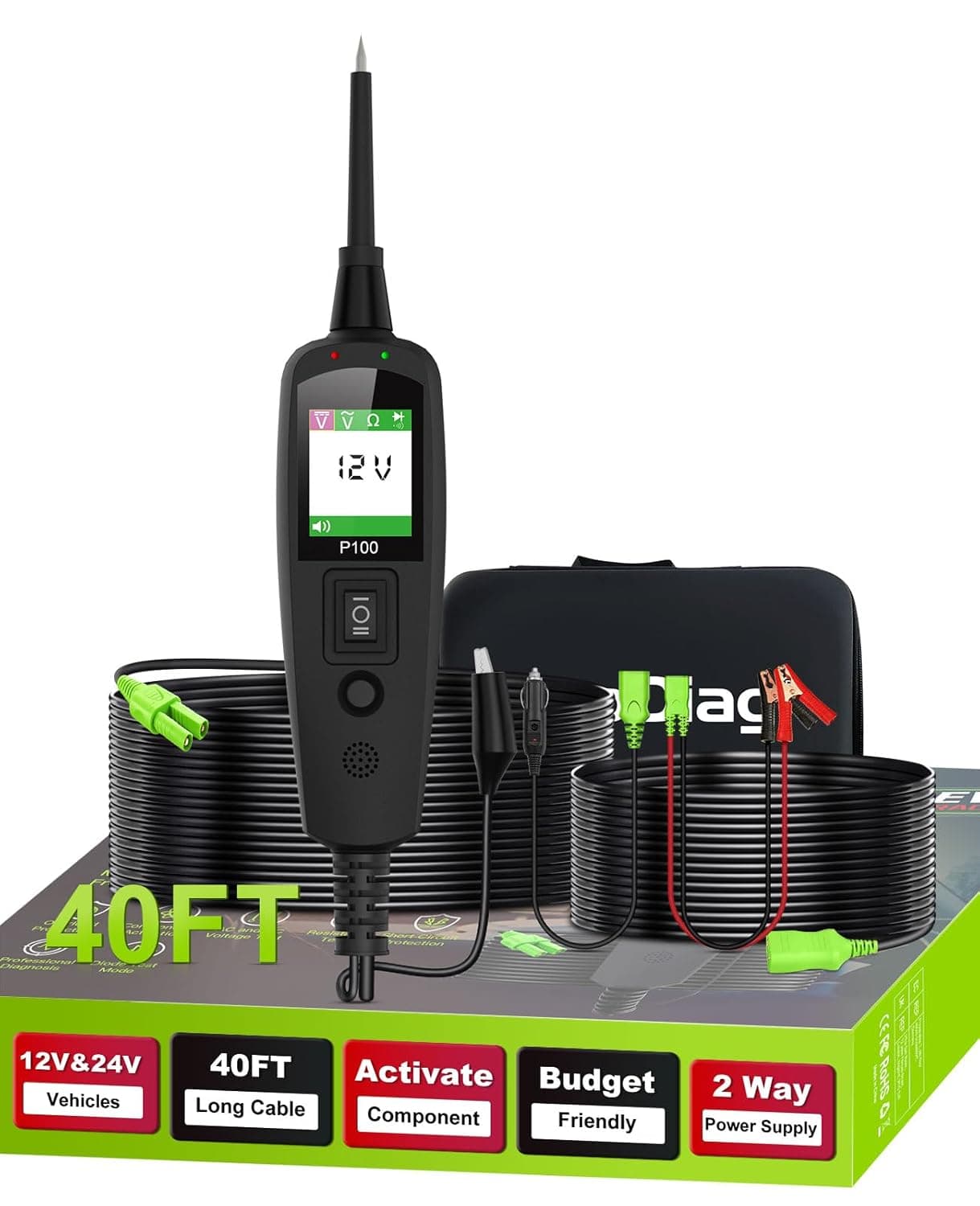 Comprobador de Circuitos Automotriz, Comprobador de Sonda de Circuito de Potencia, Comprobador de Luz de Prueba Automotriz con Cable de 40 PIES, Comprobador de Fusibles de Coche, Herramienta de Diagnóstico de Coche AC DC 12V 24V, P100