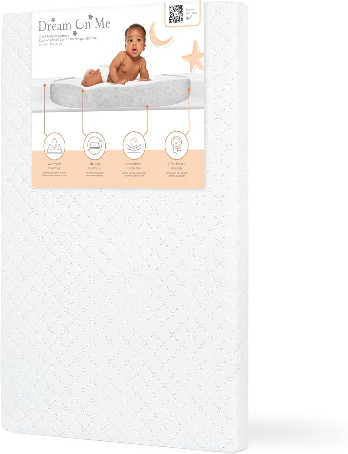 Dream On Me Sunset 2-in-1 Mini Crib Mattress, Dual-Sided Infant & Toddler, Waterproof Cover, GREENGUARD Gold Certified, 38” x 24” x 3”, Fits Mini & Select Portable Cribs, Not for Playards