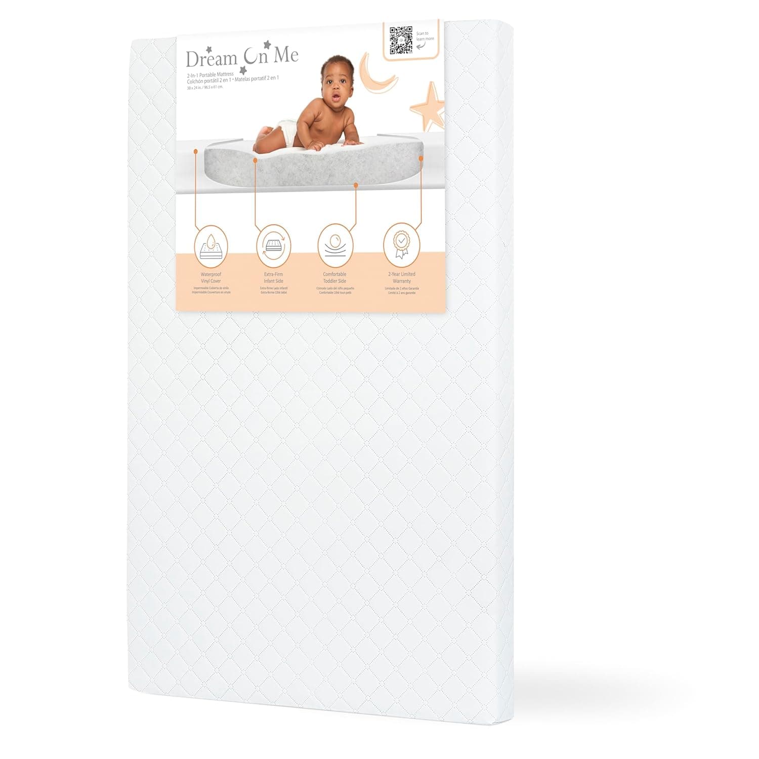 Dream On Me Holly 2-in-1 Mini Crib Mattress, Dual-Sided Infant & Toddler, Waterproof Cover, GREENGUARD Gold Certified, 38” x 24” x 3”, Fits Mini & Select Portable Cribs, Not for Playards