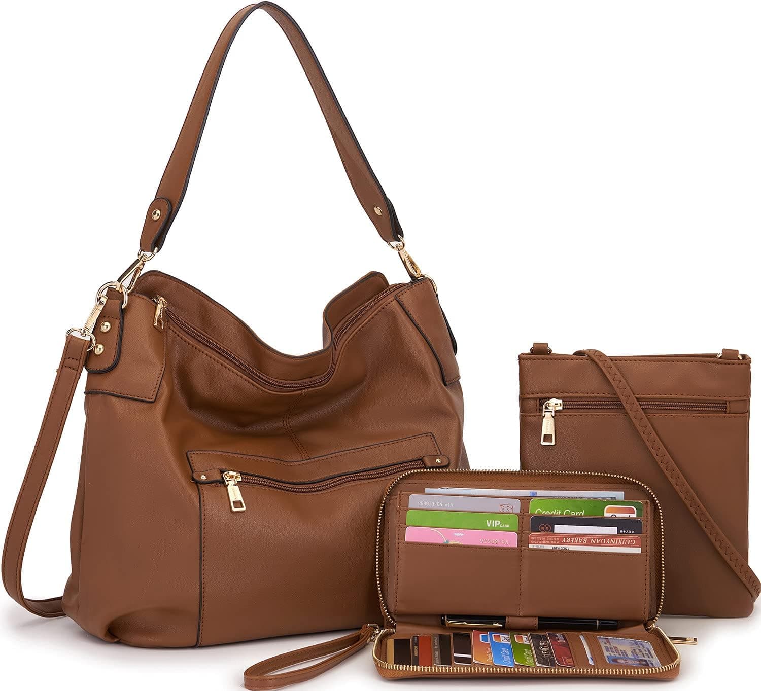 Bolsos cruzados grandes Conjunto de monedero y cartera Hobo para mujer Bolsos de hombro | Cuero vegano suave y liviano; Espacioso con muchos bolsillos; Convertible a mano/hombro/cruzado; Forro duradero mejorado.