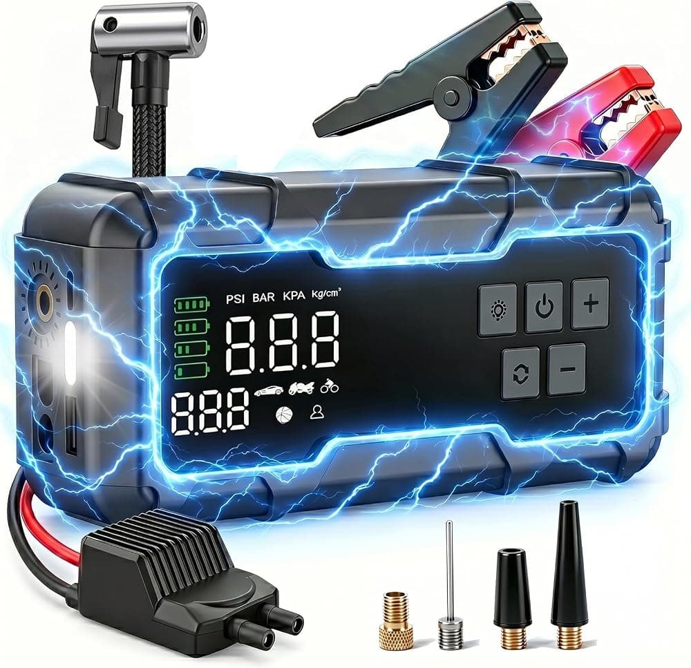 Compresor de aire portátil para inflar neumáticos de 150 PSI 8000A, arrancador con bomba de aire con indicador digital y luz LED, caja de batería de coche de 12 V con banco de energía para coche, motocicleta, bicicleta, pelota