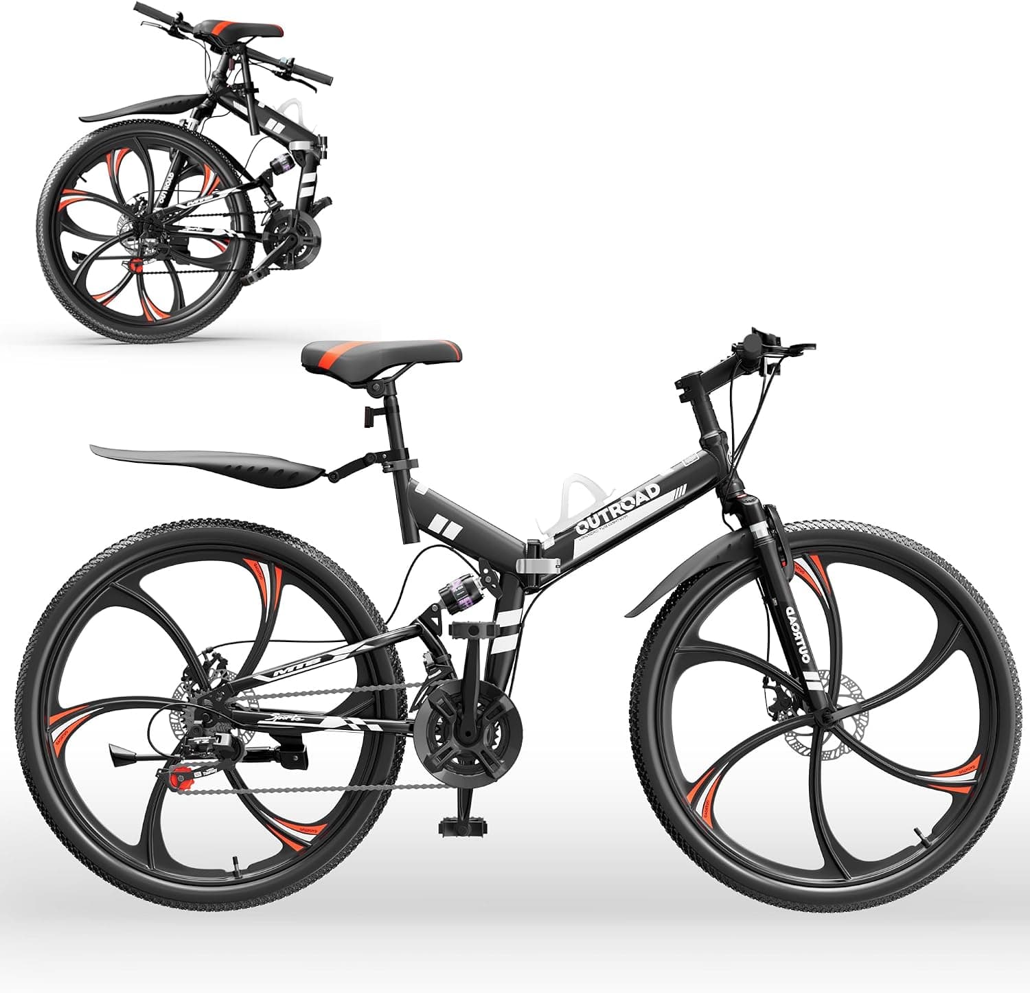 Outroad 26 Inch Folding Mountain Bike, 21 Speed Full Suspension High-Carbon Steel MTB Foldable Bicycle, Dual Disc Brake Non-Slip Folding Bikes for Adults/Men/Women, Black, Orange and Green