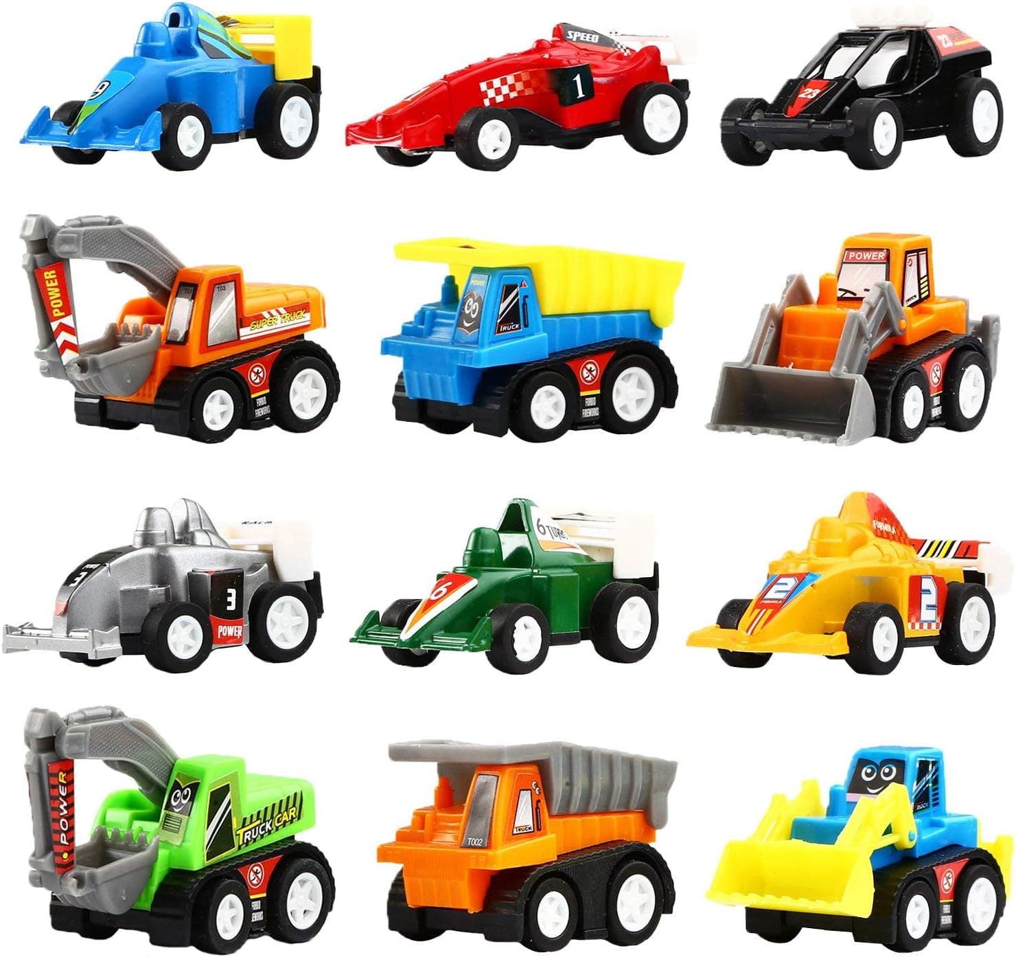 Yeonha Toys Vehículos de tracción hacia atrás, paquete de 12 mini vehículos de construcción surtidos y juguete de coche de carreras para niños y niños pequeños