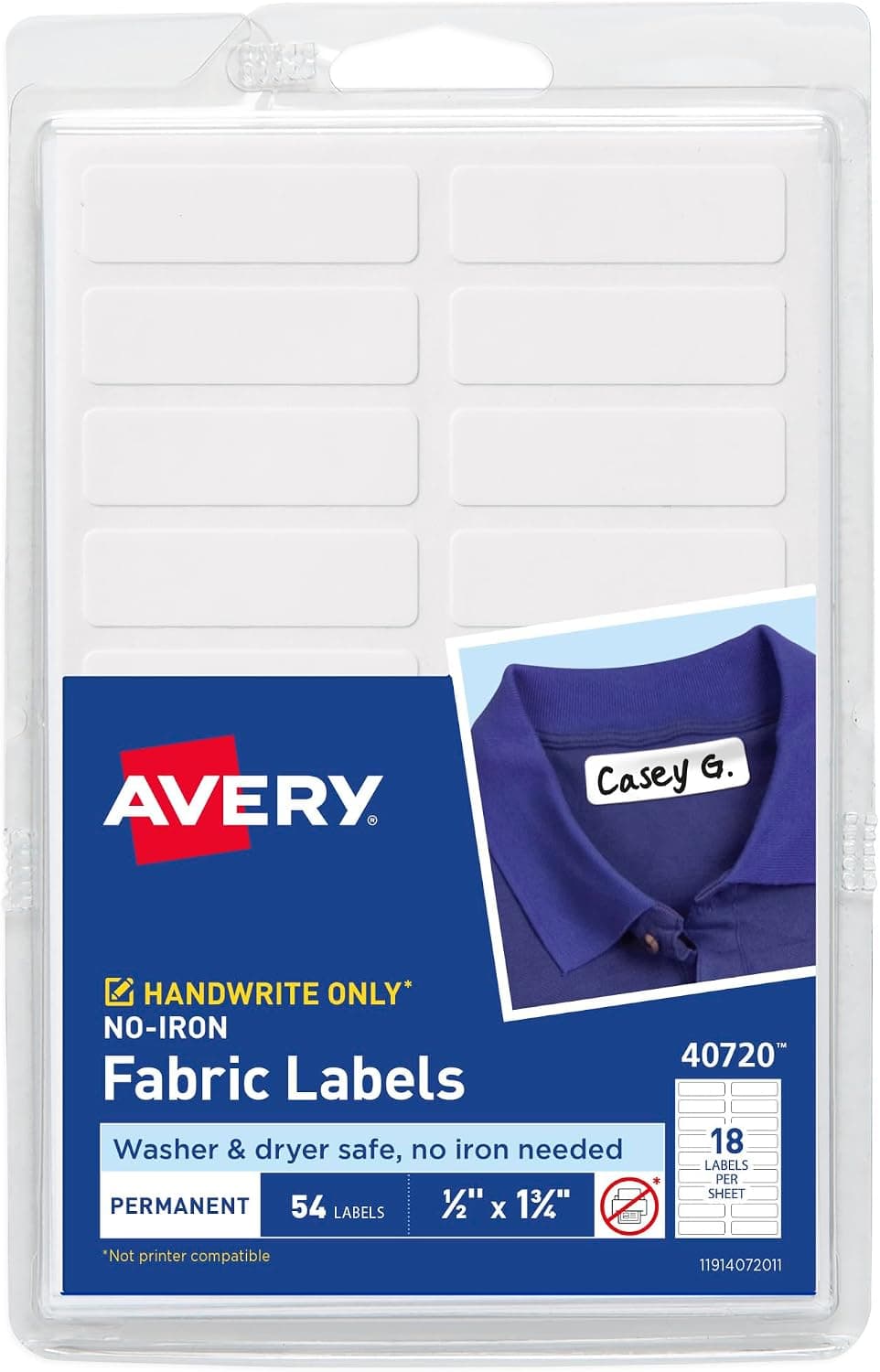 Avery Etiquetas de tela sin planchar, 1/2" x 1-3/4", etiquetas impermeables aptas para lavadora y secadora, no imprimibles, 54 en total (40720)
