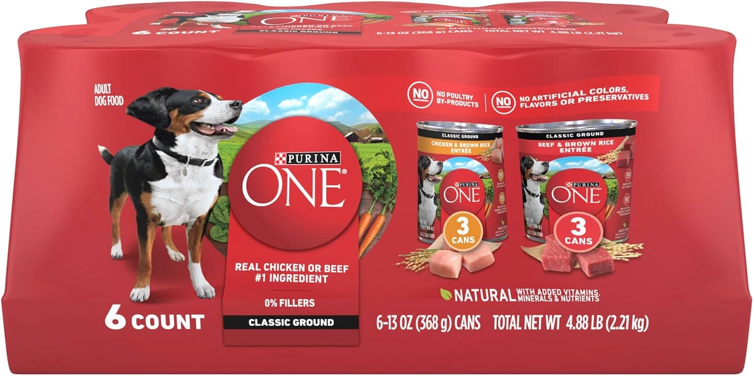 Purina ONE Paquete variado de comida húmeda para perros, molido clásico, (6) latas de 13 oz | Dos platos principales molidos, pollo y arroz integral y carne de res y arroz integral, con nutrición para adultos completa y equilibrada y sin rellenos.