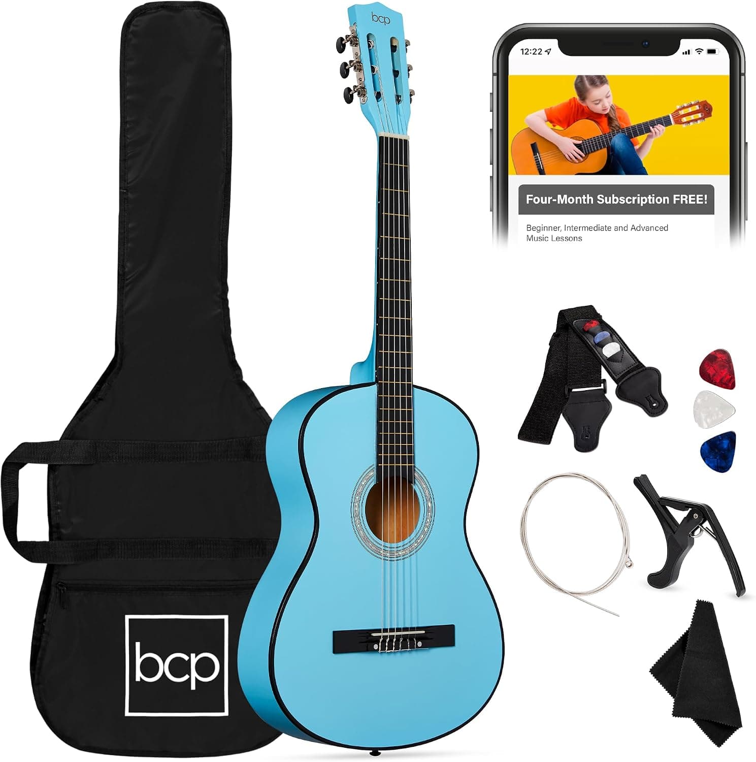 Best Choice Products Kit básico de guitarra acústica de madera para principiantes de 38 pulgadas con funda, 6 púas, cuerdas de nailon, correa con soporte para púas, color azul claro