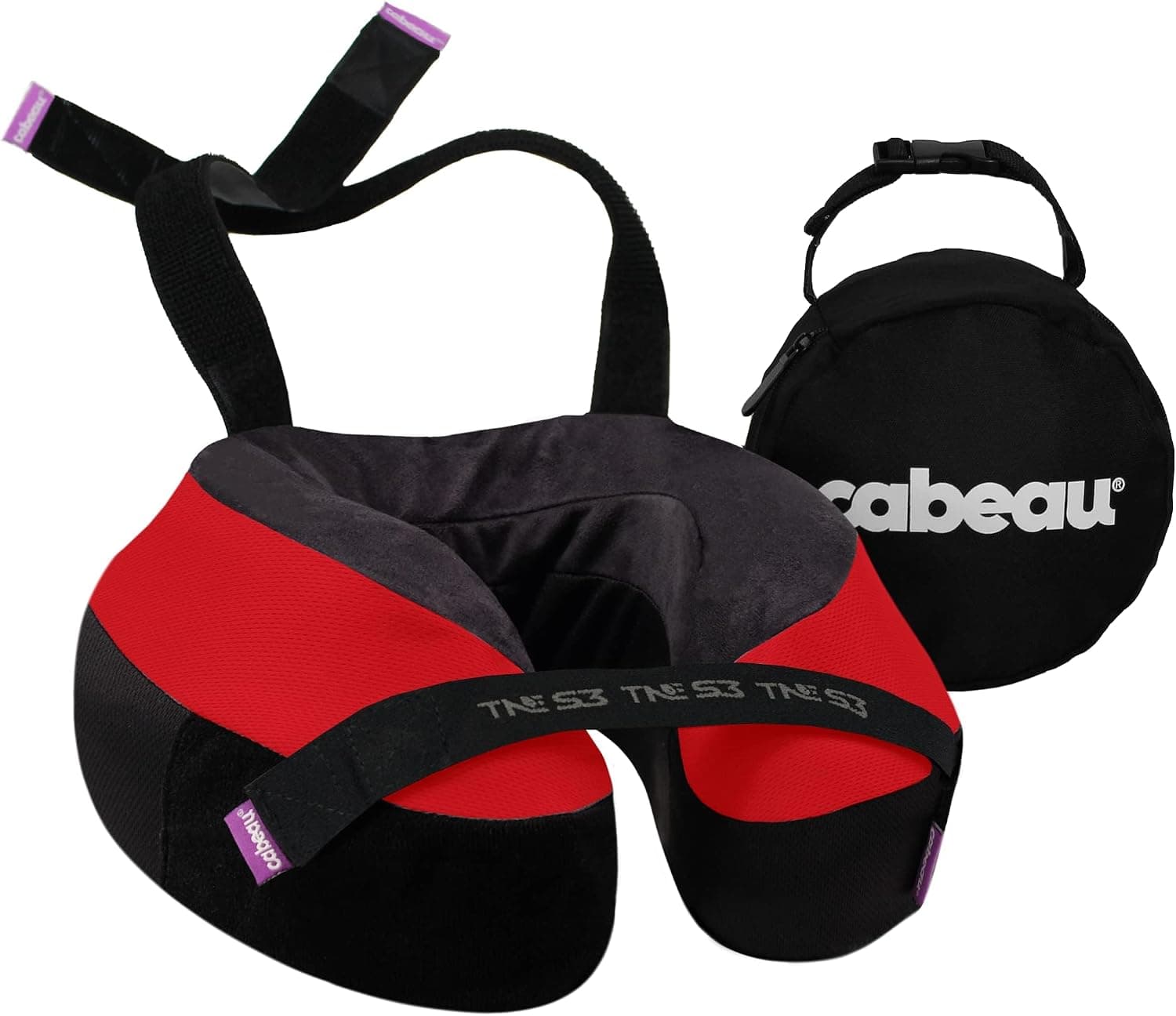 Cabeau Almohada de viaje para el cuello para aviones – La evolución del cuello, TNE S3 – Diseño de espuma viscoelástica de apoyo para vuelos de larga distancia – Correas de asiento acoplables y soporte de 360° (rojo Londres)