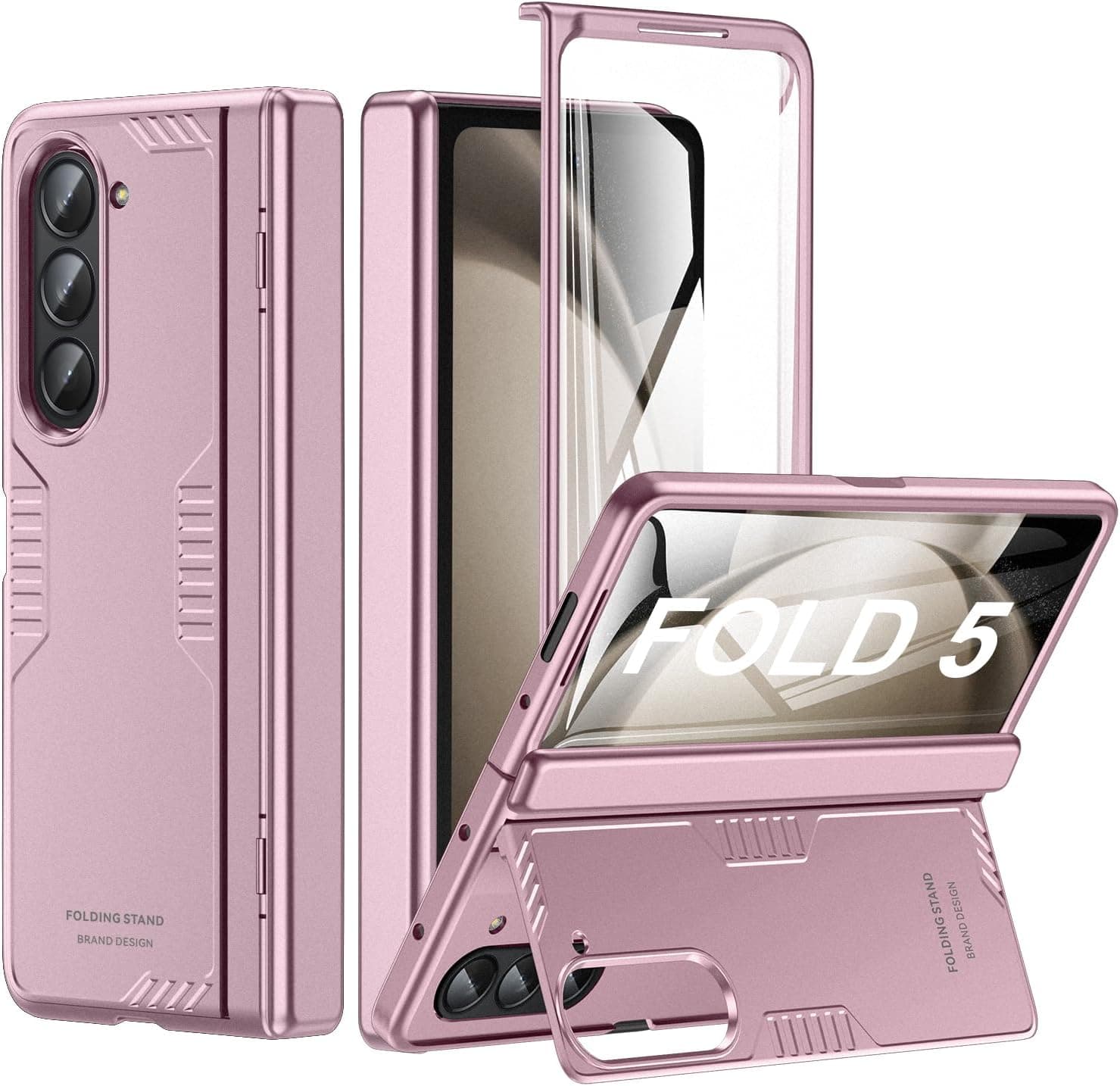 Funda para teléfono Samsung Z-Fold-5: [Soporte oculto][Carga inalámbrica] Protección de bisagra delgada Funda ligera con protector de pantalla - Funda protectora para Galaxy Fold 5 5G 2023 (oro rosa)