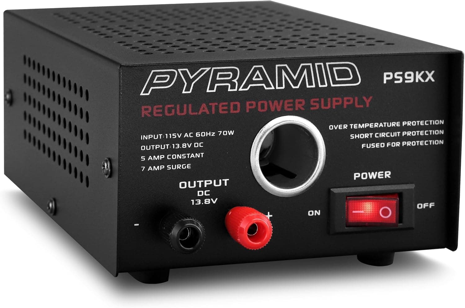 Pyramid PS9KX Fuente de alimentación de banco compacta universal - Convertidor de mesa de laboratorio doméstico regulado linealmente de 5 amperios con entrada de 13,8 voltios CC 115 V CA 70 vatios, terminal tipo tornillo, encendedor de cigarrillos de automóvil de 12 V
