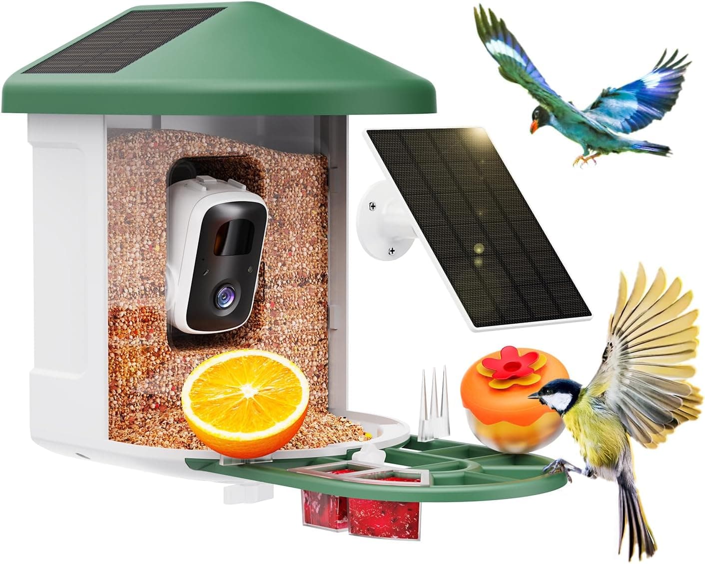 Comedero inteligente para pájaros con cámara - AI identifica especies de aves, casa para pájaros con energía solar con cámara, gran capacidad de 2 litros, transmisión en vivo de video HD 2K, alertas de llegada instantáneas - Verde