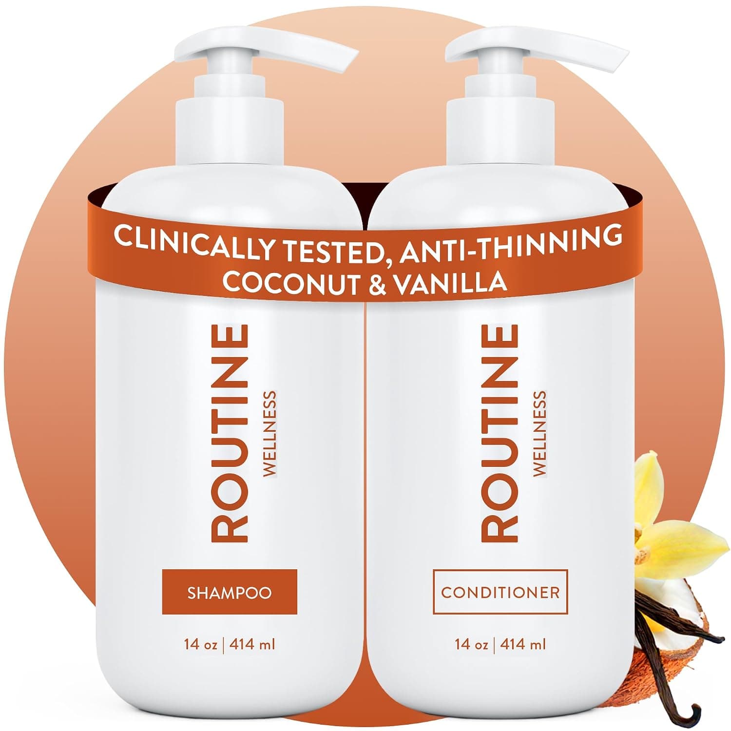 Routine Wellness Anti-Thinning Shampoo & Conditioner - Vanilla & Coconut | Clinically tested shampoo for thinning hair with biotin, pea peptides, saw palmetto oil, color safe, sulfate free