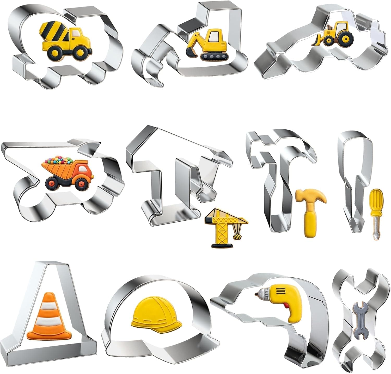 Juego de 11 cortadores de galletas de construcción, excavadora, topadora, camión volquete, grúa, martillo, llave, taladro, casco de seguridad, herramientas de construcción, cortadores, juego de moldes para fiesta temática de construcción