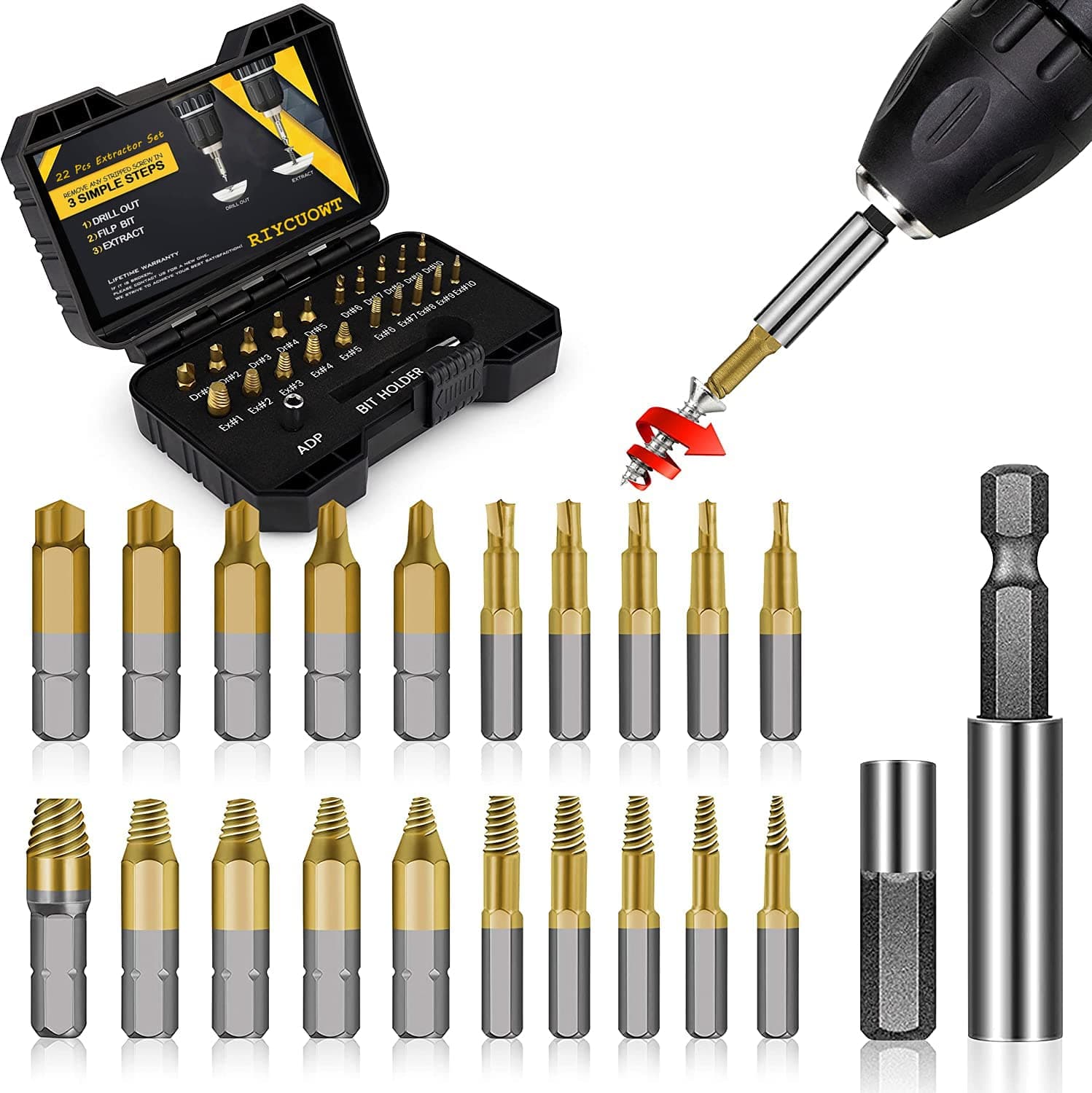 Regalos para hombres: juego de extractores de tornillos dañados de titanio de 22 piezas, removedor para tornillos de cabeza pelada, tuercas y pernos, herramientas de broca para una fácil eliminación de herrajes oxidados y rotos, acero de alta velocidad, excelente regalo