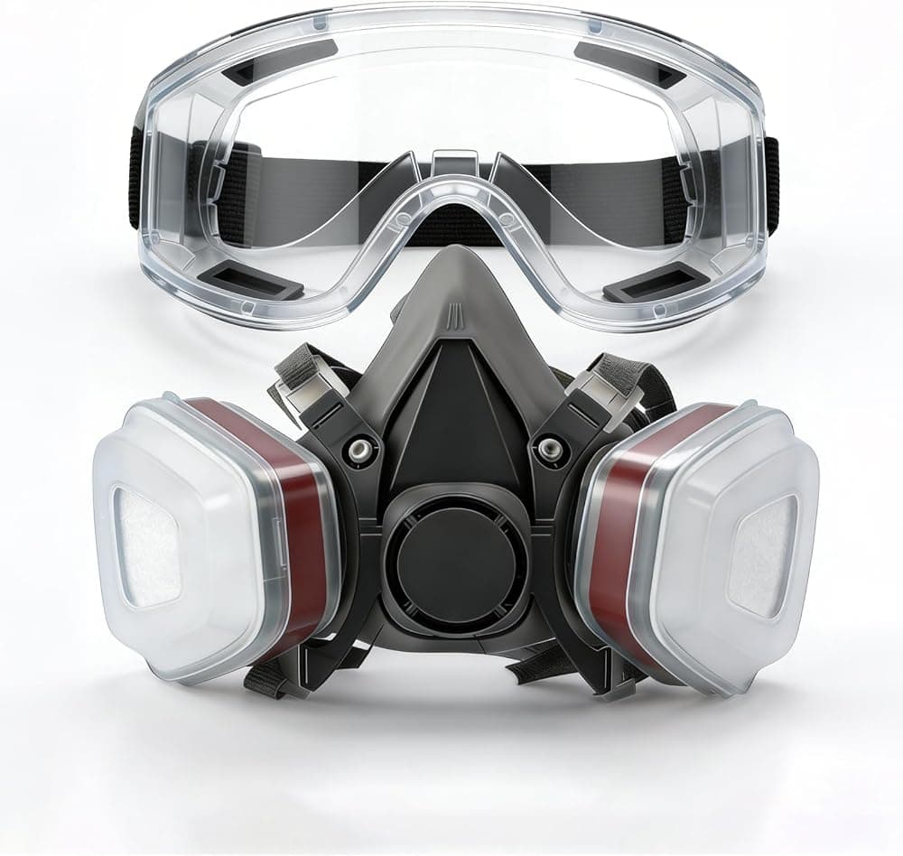 Juego de mascarilla respiratoria reutilizable de media cara (incluye gafas antivaho) adecuada para protección en escenarios como pintura con aerosol, lijado, pintura, exposición al polvo y exposición a vapores orgánicos.