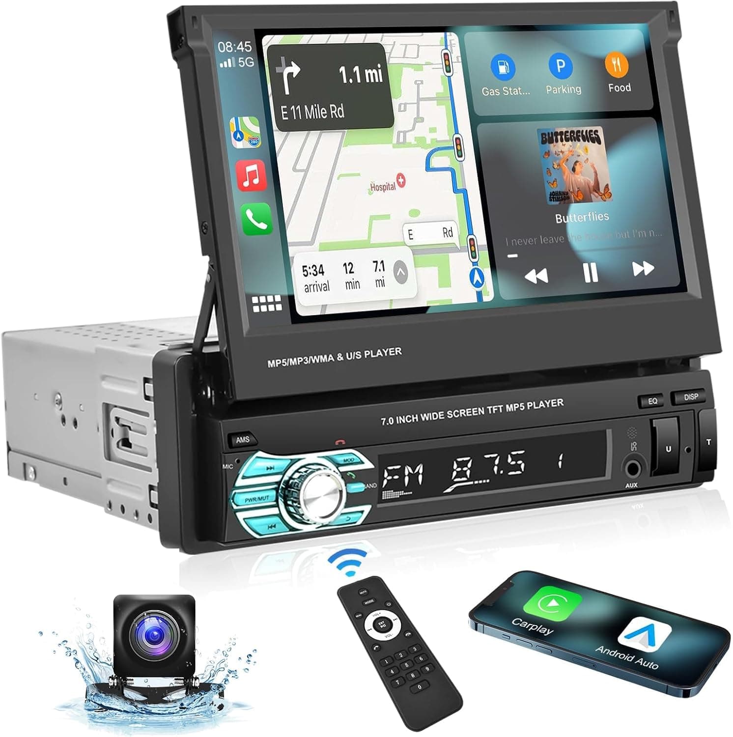Podofo Estéreo para automóvil Carplay de un solo DIN con cámara de respaldo Bluetooth AHD, pantalla táctil abatible de 7 pulgadas Radio para automóvil Reproductor MP5 compatible con Android Auto, Mirror Link, USB, TF, radio FM, entrada auxiliar, SWC