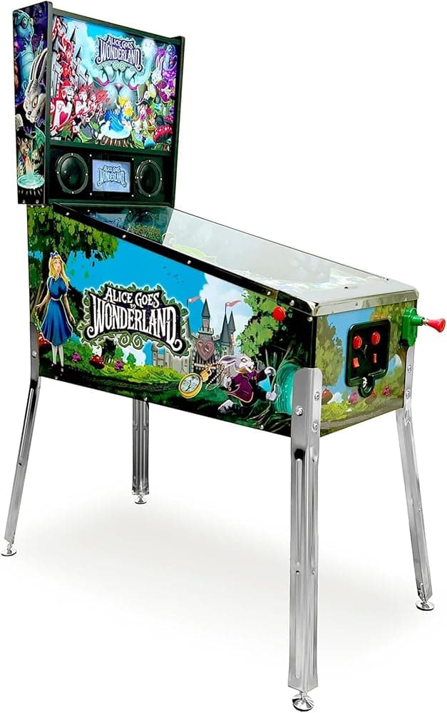 Alicia va al país de las maravillas Pinball con iluminación LED | Máquina de pinball casera con aletas reales, parachoques, rampas y multibola, puntajes altos Wi-Fi, arte personalizado, gabinete arcade compacto
