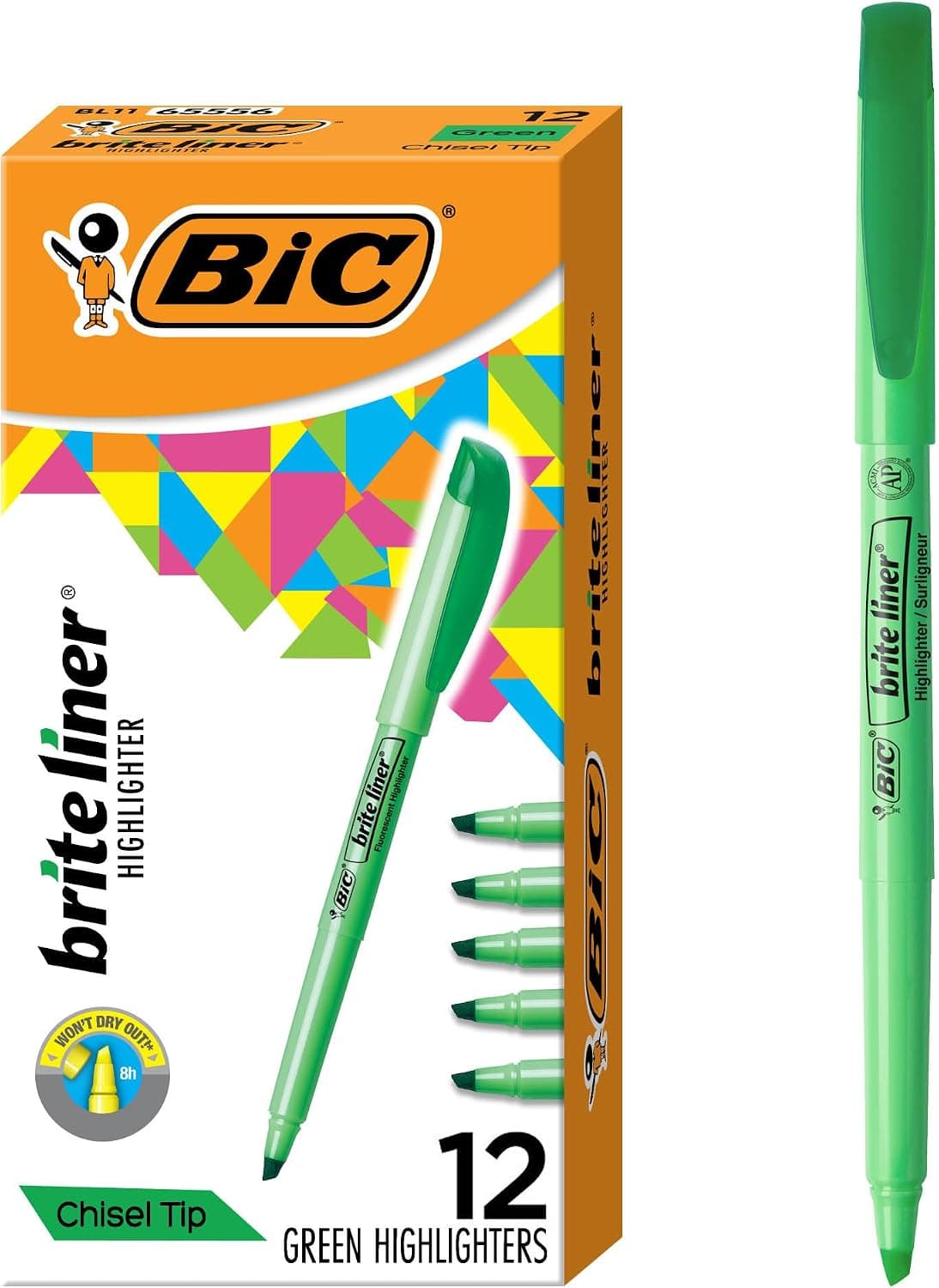 Resaltadores BIC Brite Liner, punta cincel, paquete de 12 unidades de tinta verde