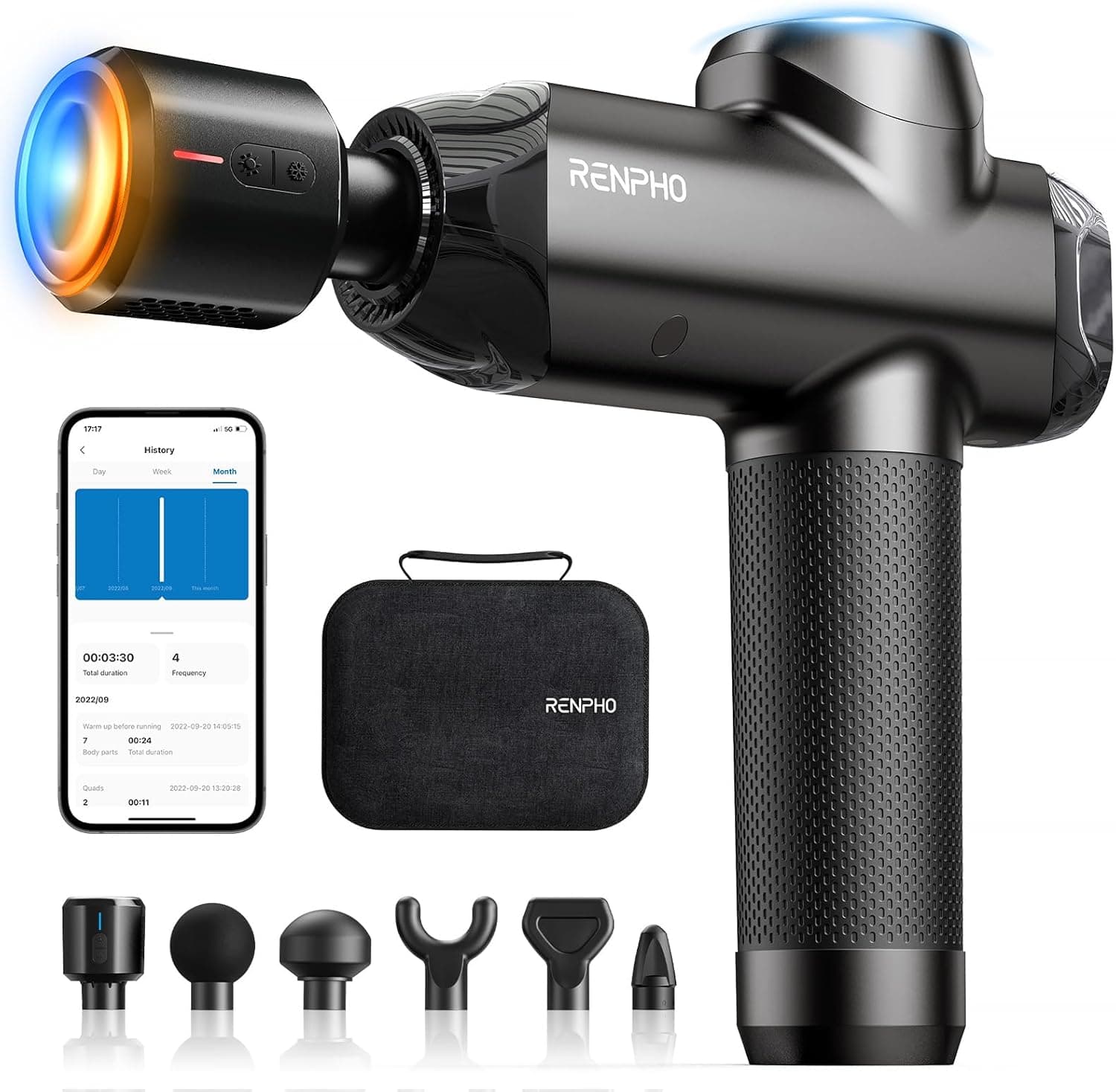 RENPHO Power+ Thermacool Pistola de Masaje con Calor y Frío | Masajeador de percusión de tejido profundo de amplitud de 12 mm para atletas profesionales, cursos guiados controlados por aplicación, regalos para hombres y mujeres