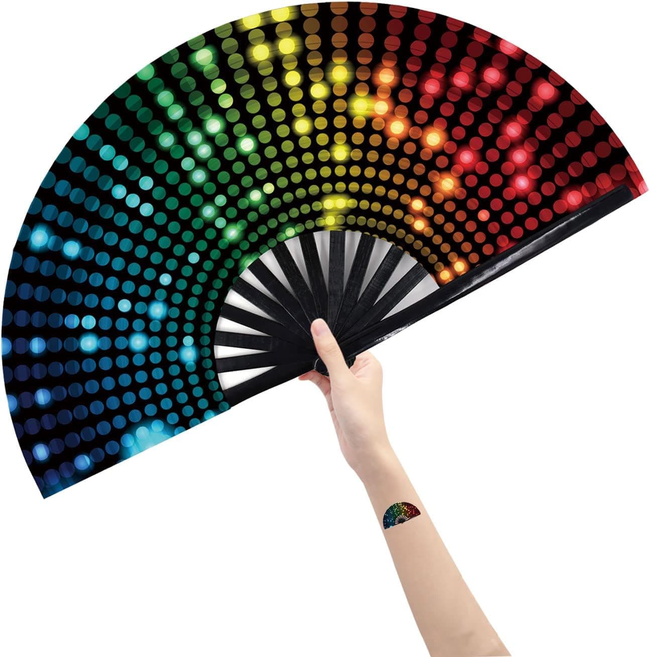Abanico plegable grande de mano para rave, abanico para bailar en línea, para bailar, fiesta, decoración, festival (iluminación de DJ)