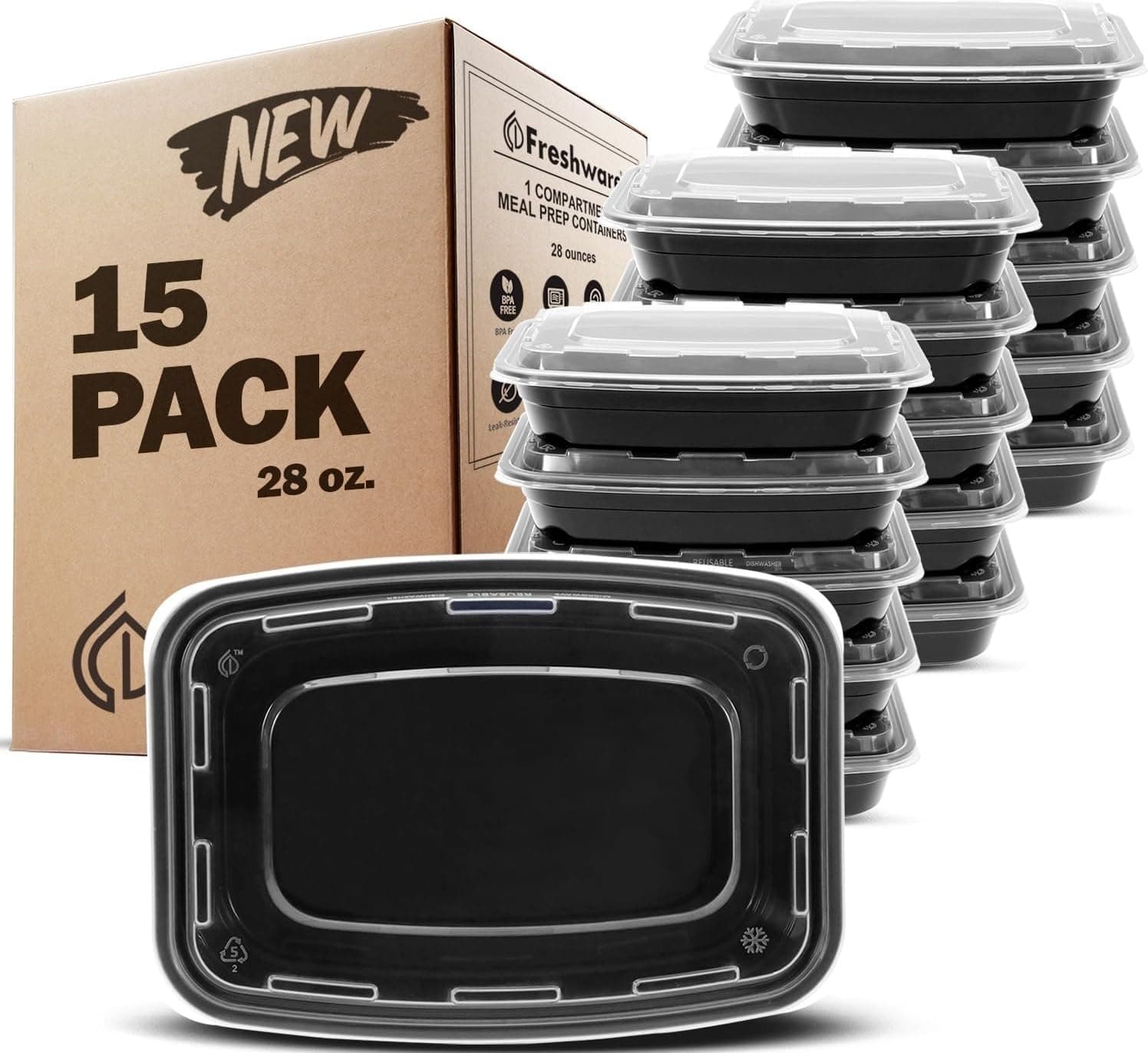 Contenedores de preparación de comidas Freshware, 15 unidades (paquete de 1), contenedores de almacenamiento de alimentos con tapas, caja Bento, sin BPA, apilables, aptos para microondas/lavavajillas/congelador (28 oz) (el color puede variar)