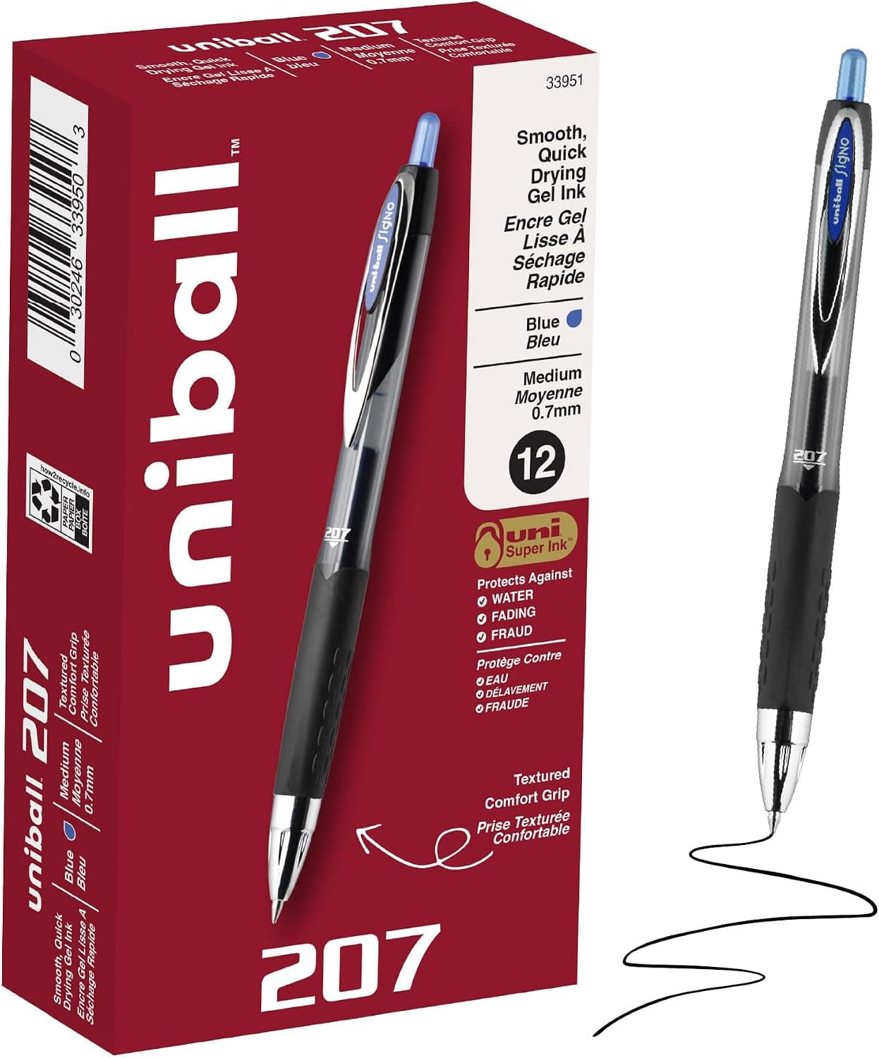 bolígrafos de gel uniball™ 207, tinta azul, punta media de 0,7 mm, retráctiles, 12 unidades | Escritura fluida, resistente al fraude, uni Super Ink™