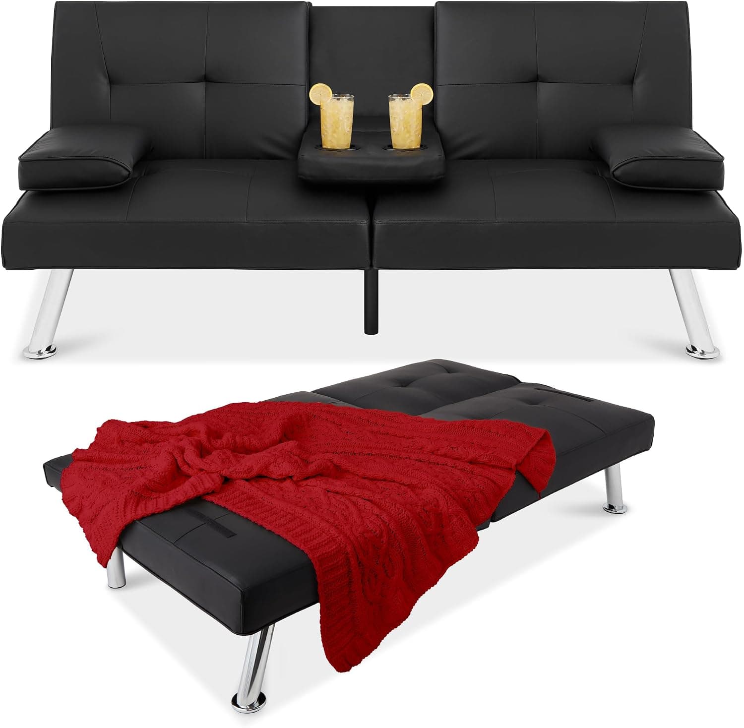 Best Choice Products Futón convertible moderno tapizado de piel sintética, sofá cama plegable ajustable, cama de invitados con reposabrazos extraíbles, color negro